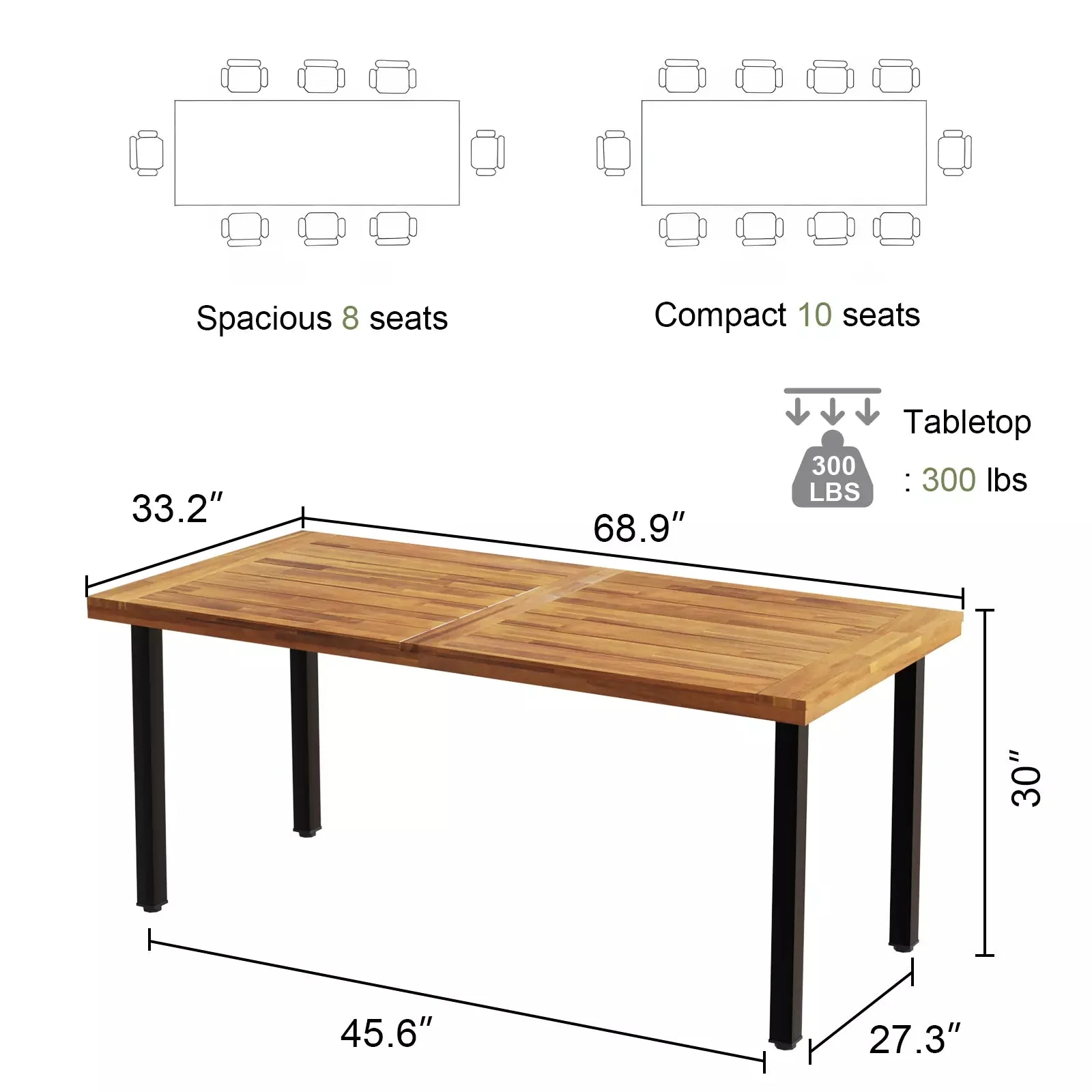 Waleaf 69" Acacia Wood Dining Table Set for 6-8 Person, Natural Stained Indoor Outdoor Kitchen Table with Iron Legs - Image 6