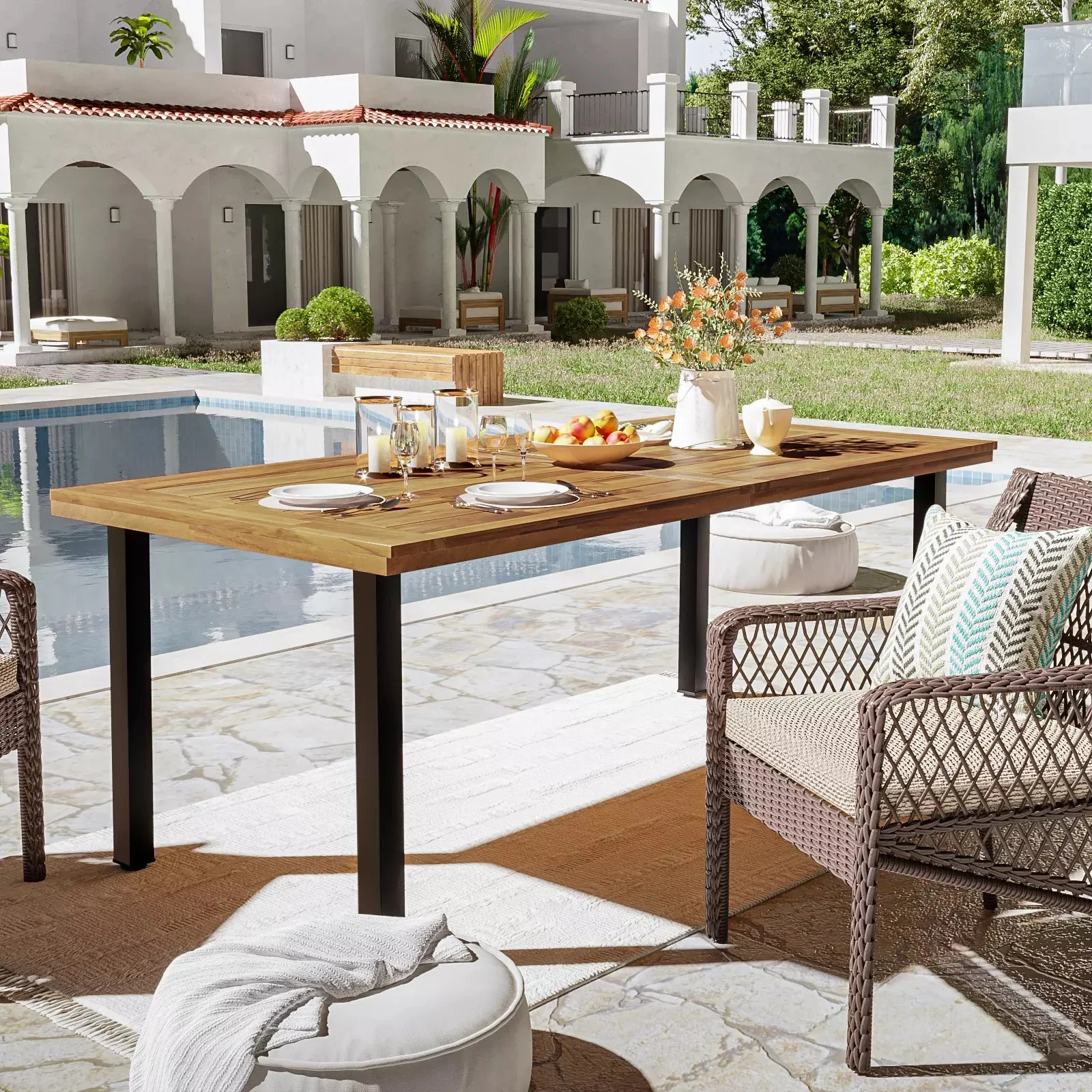 Waleaf 69" Acacia Wood Dining Table Set for 6-8 Person, Natural Stained Indoor Outdoor Kitchen Table with Iron Legs - Image 7