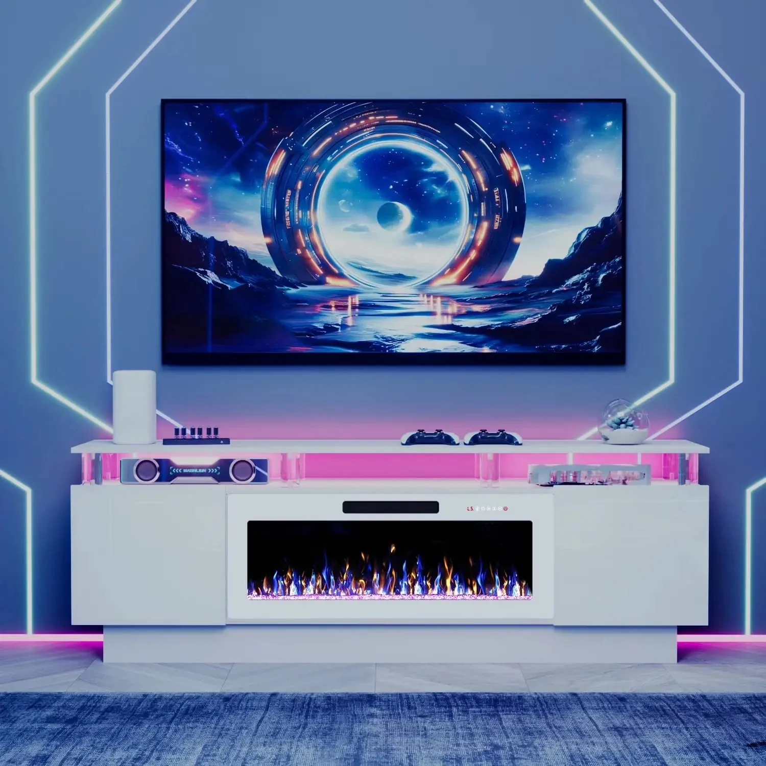 Waleaf 70" Fireplace TV Stand with Glowing Acrylic Pillars, 36" Electric Fireplace for TVs Up to 80", High Gloss Entertainment Center with 20-Color LED Lights - Image 2