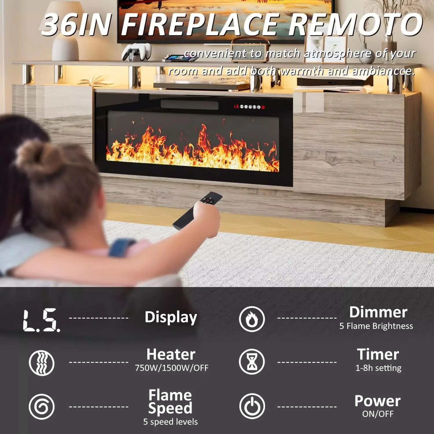 WALEAF 70 Inches Fireplace TV Stand for TVs up to 80 Inches Console - Image 10