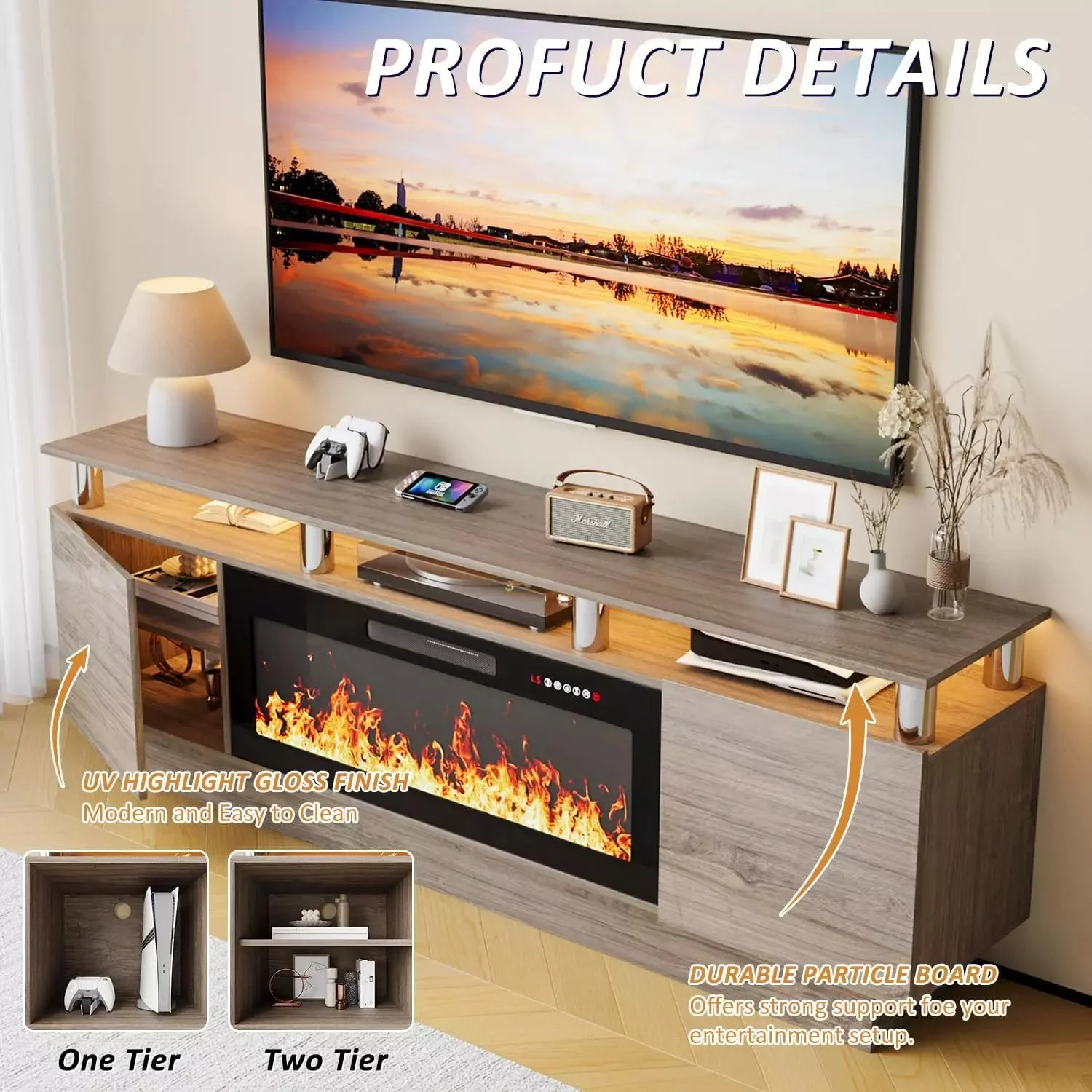 WALEAF 70 Inches Fireplace TV Stand for TVs up to 80 Inches Console - Image 11
