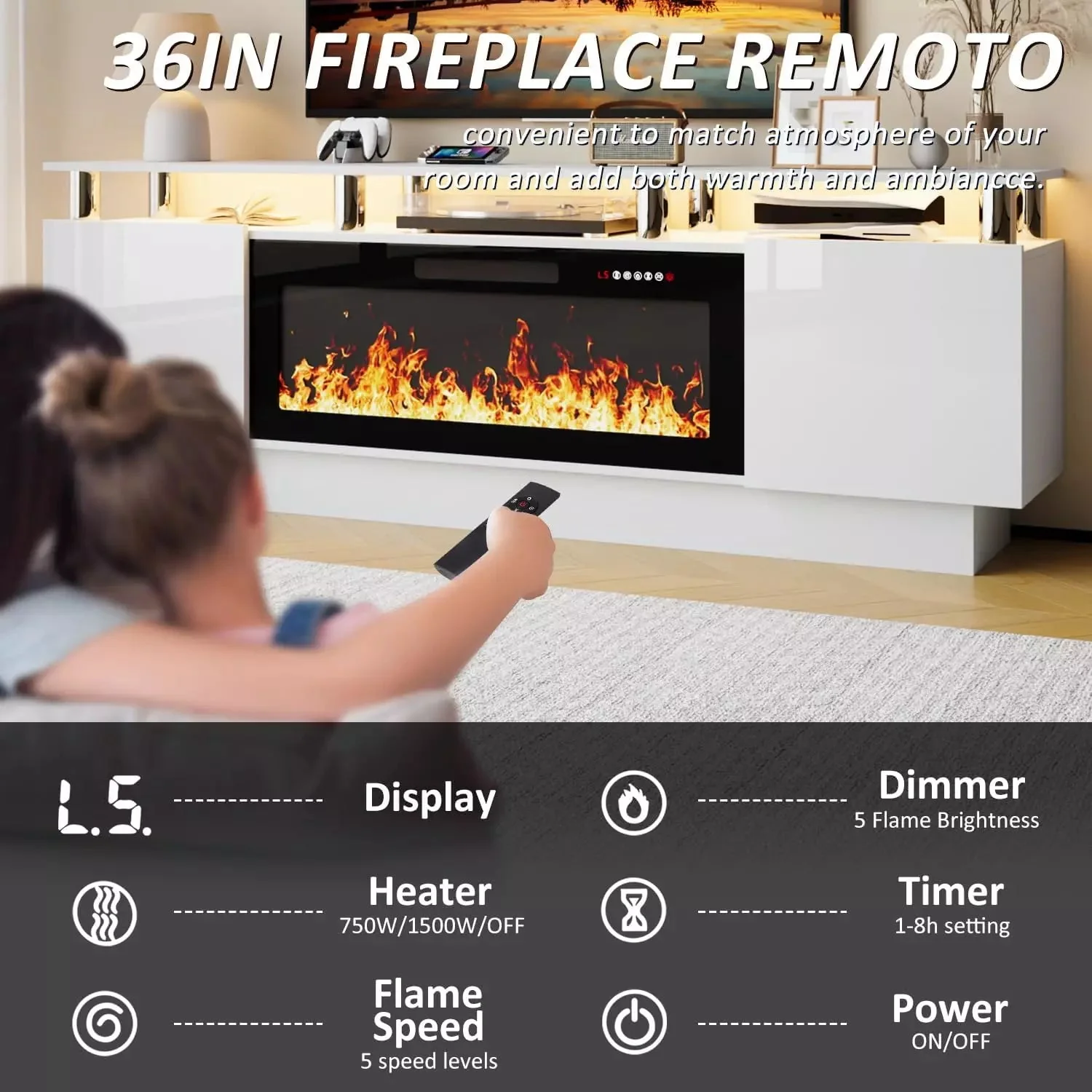 WALEAF 70 Inches Fireplace TV Stand for TVs up to 80 Inches Console - Image 18