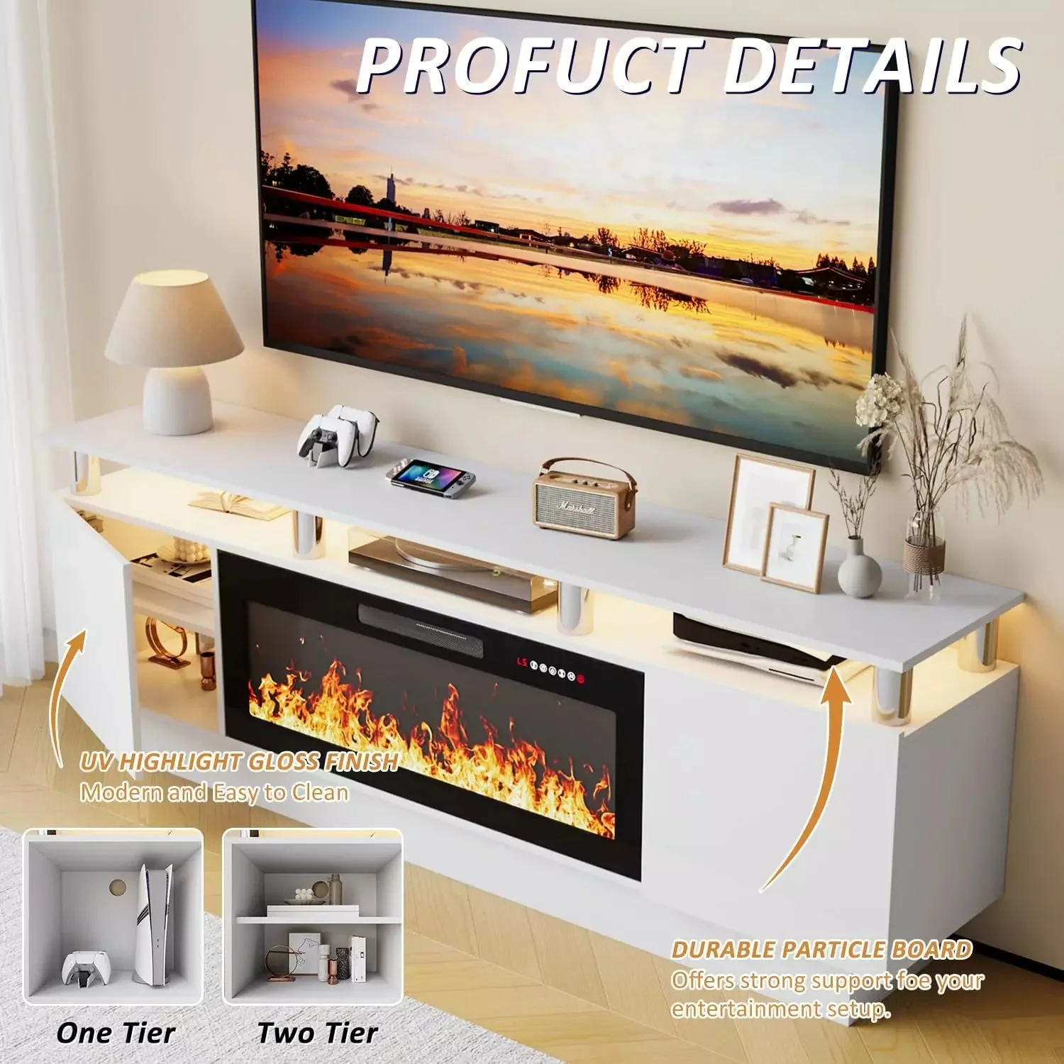 WALEAF 70 Inches Fireplace TV Stand for TVs up to 80 Inches Console - Image 19