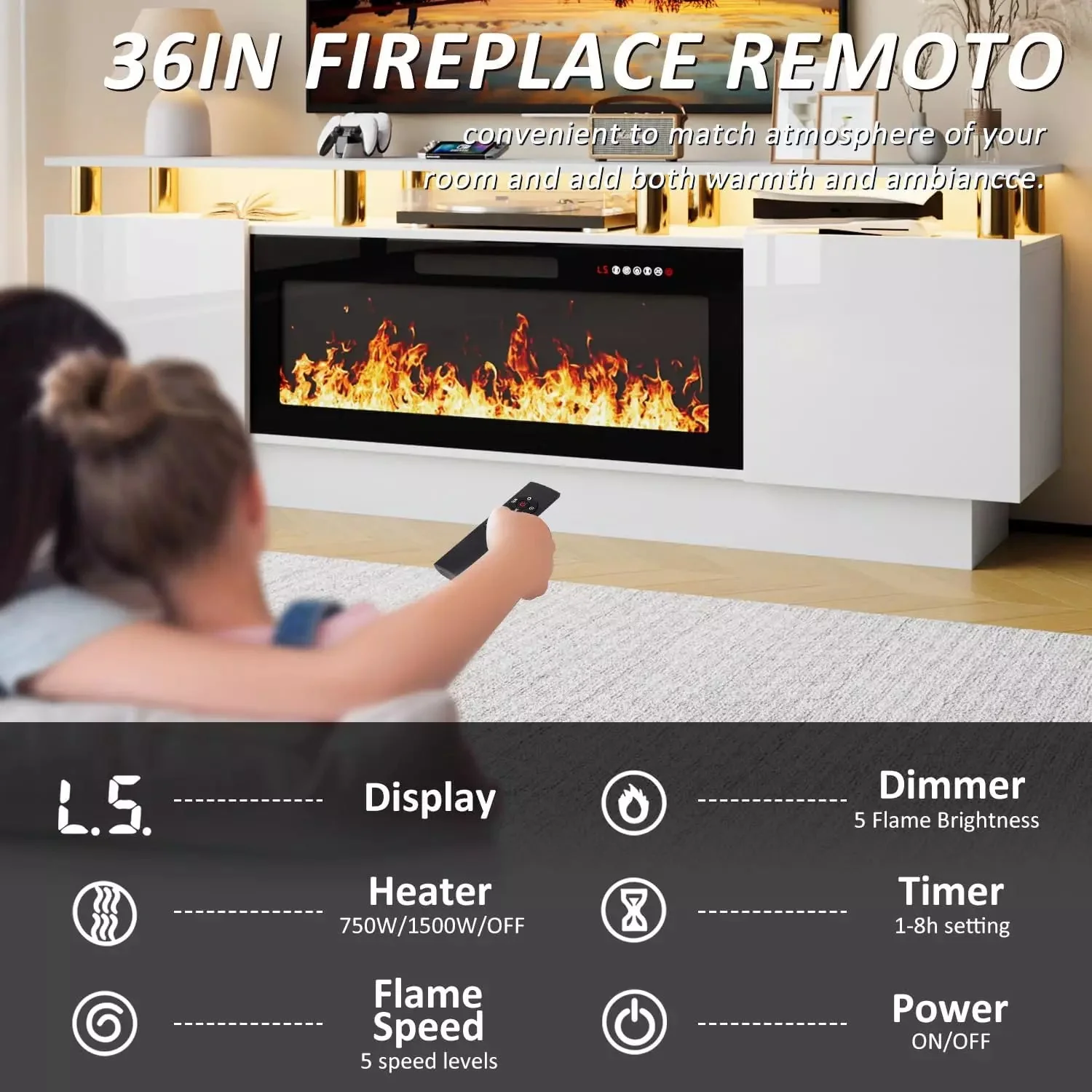 WALEAF 70 Inches Fireplace TV Stand for TVs up to 80 Inches Console - Image 26