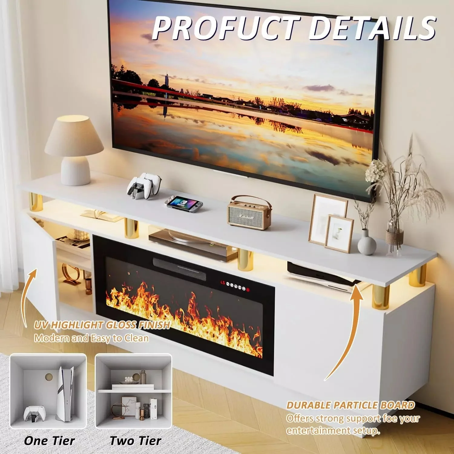 WALEAF 70 Inches Fireplace TV Stand for TVs up to 80 Inches Console - Image 27