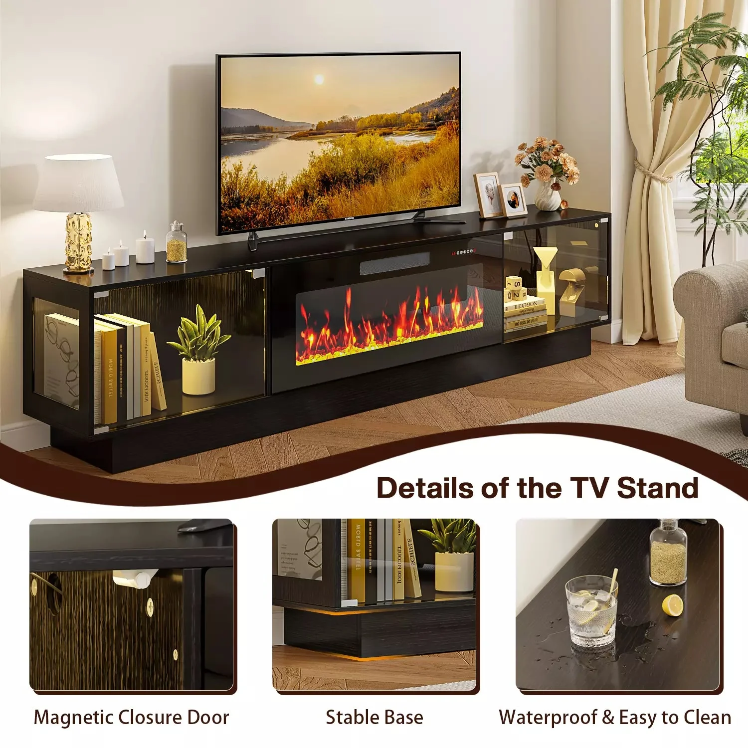 Waleaf 80" TV Stand with 36" Electric Fireplace, Mid Century Modern Entertainment Center for TVs Up to 90", LED Lights & Storage Cabinet, Living Room, Black - Image 3