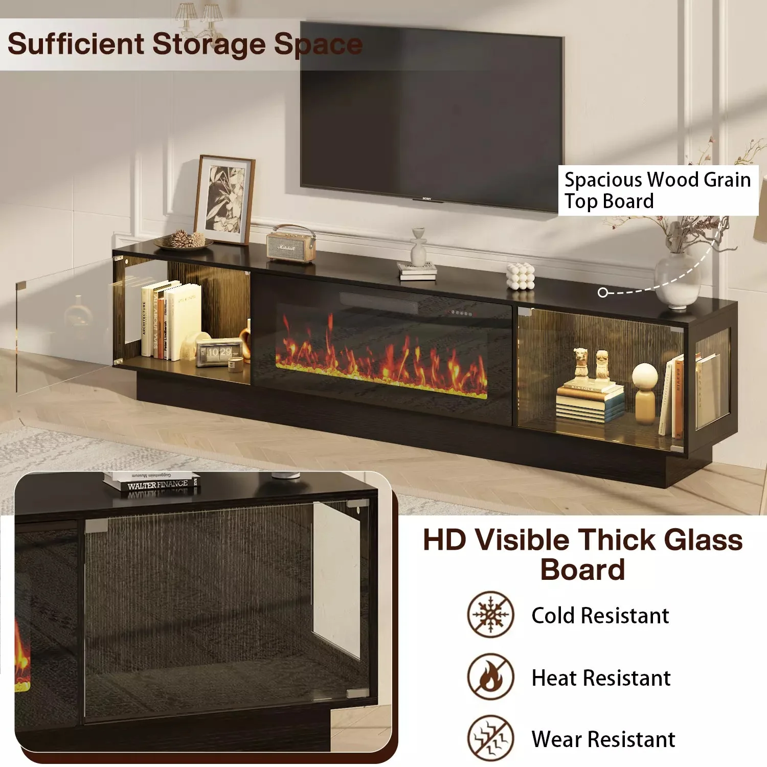 Waleaf 80" TV Stand with 36" Electric Fireplace, Mid Century Modern Entertainment Center for TVs Up to 90", LED Lights & Storage Cabinet, Living Room, Black - Image 4