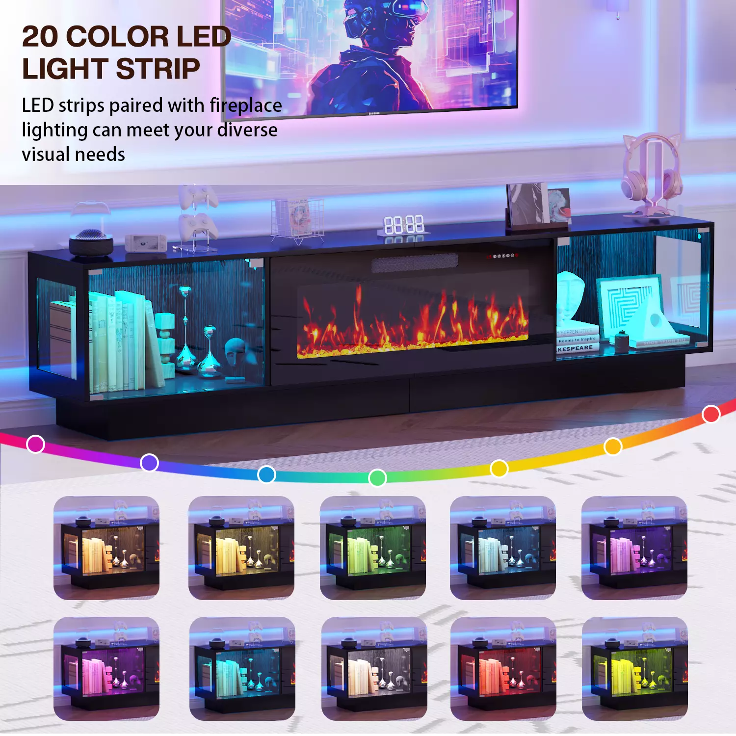 Waleaf 80" TV Stand with 36" Electric Fireplace, Mid Century Modern Entertainment Center for TVs Up to 90", LED Lights & Storage Cabinet, Living Room, Black - Image 5