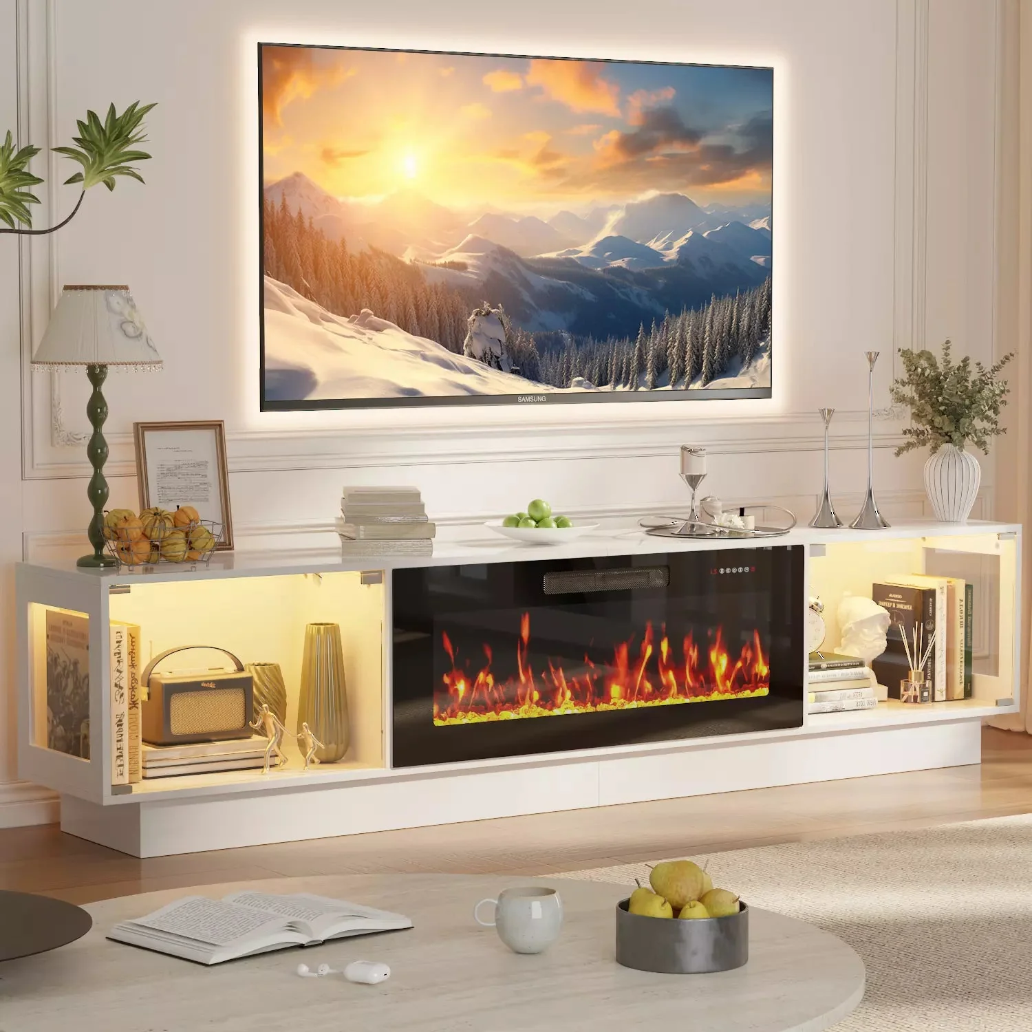 Waleaf 80" TV Stand with 36" Electric Fireplace, Mid Century Modern Entertainment Center for TVs Up to 90", LED Lights & Storage Cabinet, Living Room, Black - Image 6
