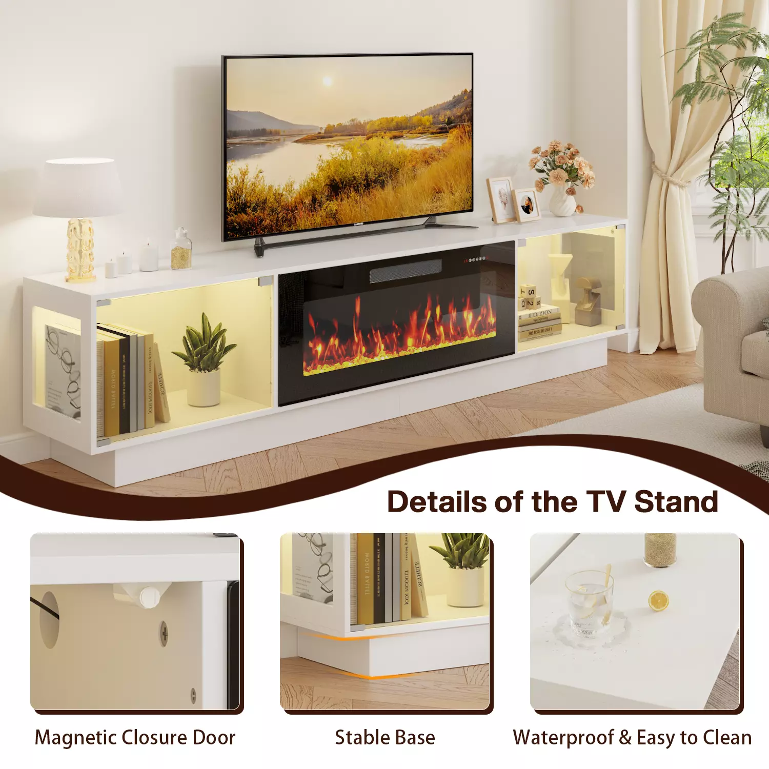 Waleaf 80" TV Stand with 36" Electric Fireplace, Mid Century Modern Entertainment Center for TVs Up to 90", LED Lights & Storage Cabinet, Living Room, Black - Image 8