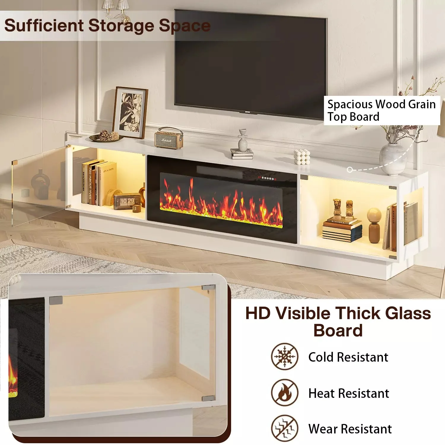 Waleaf 80" TV Stand with 36" Electric Fireplace, Mid Century Modern Entertainment Center for TVs Up to 90", LED Lights & Storage Cabinet, Living Room, Black - Image 9