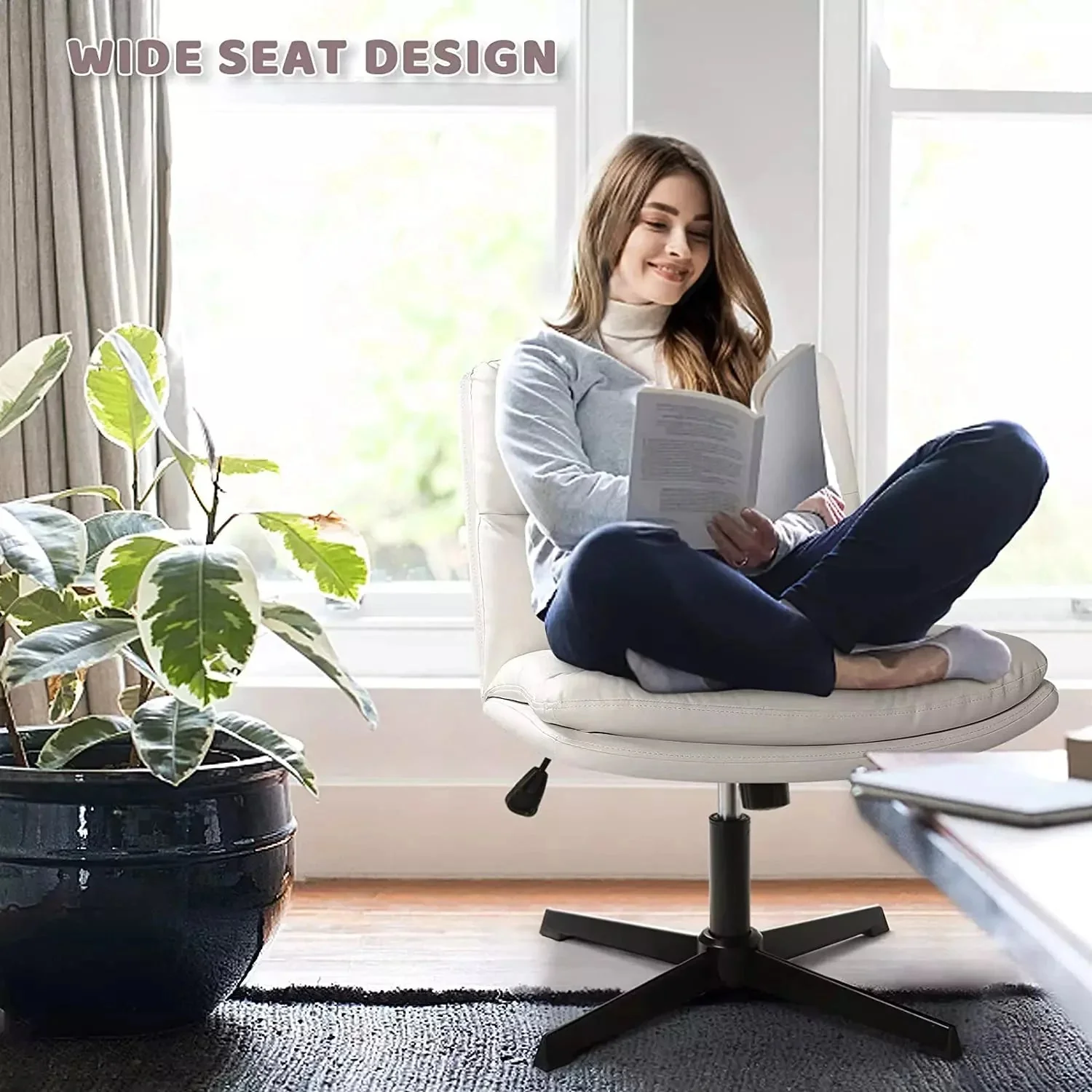 WALEAF Armless Desk Chair No Wheels,PU Leather Criss Cross Legged for Home Office - Image 17