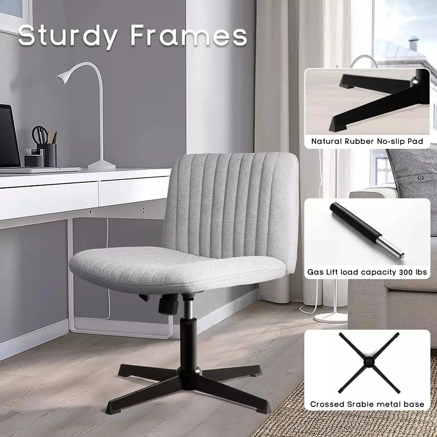 WALEAF Armless Swivel Office Chair, Height Adjustable Wide Seat Vanity Chair - Image 10