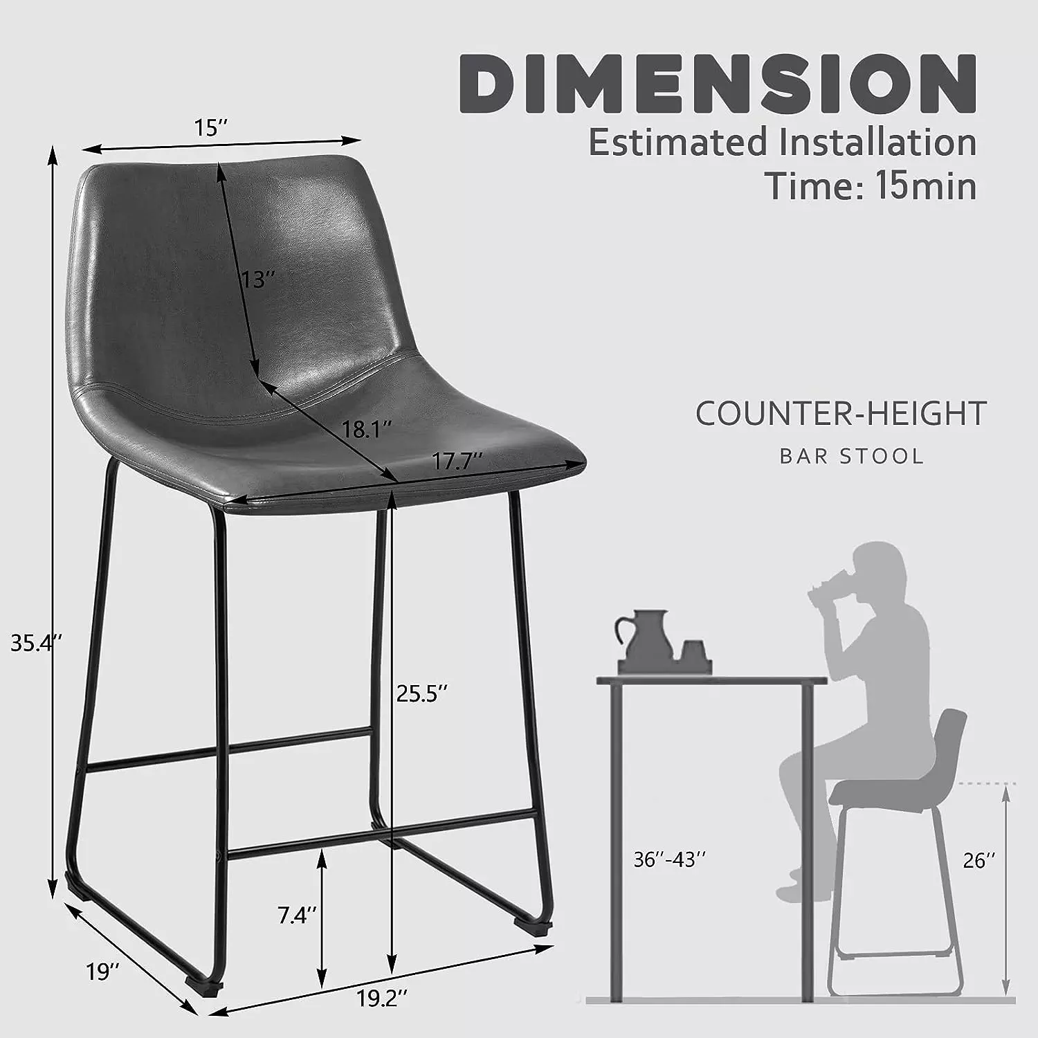 Waleaf Bar Stools Set of 2,Counter Height Bar Stools with Back, Modern PU Leather Stools BAR01 - Image 39