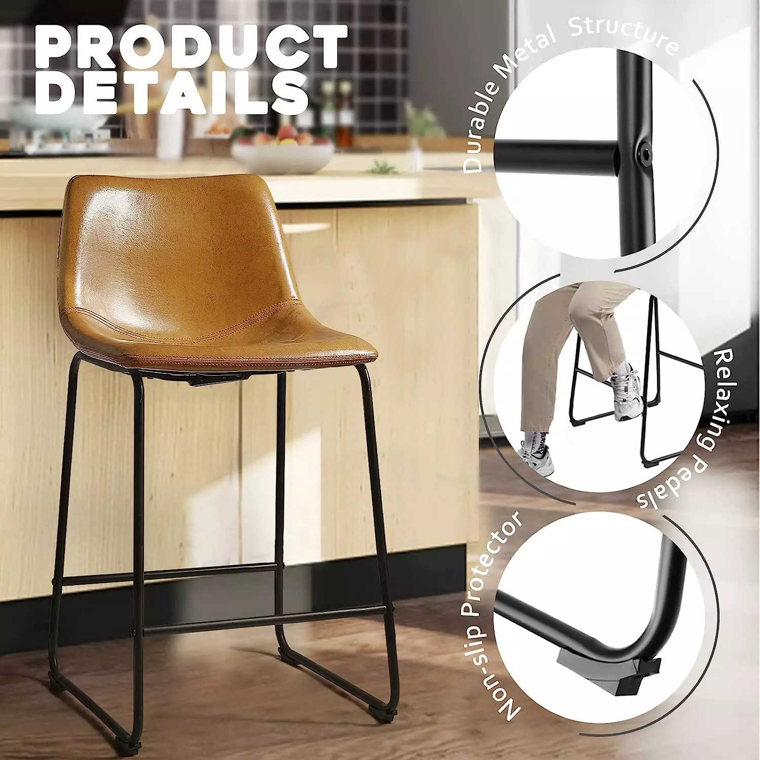 Waleaf Bar Stools Set of 2,Counter Height Bar Stools with Back, Modern PU Leather Stools BAR01 - Image 44