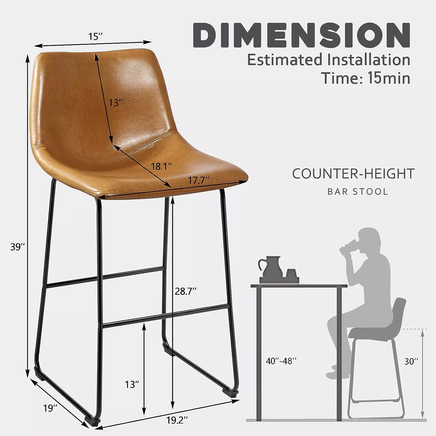 Waleaf Bar Stools Set of 2,Counter Height Bar Stools with Back, Modern PU Leather Stools BAR01 - Image 74