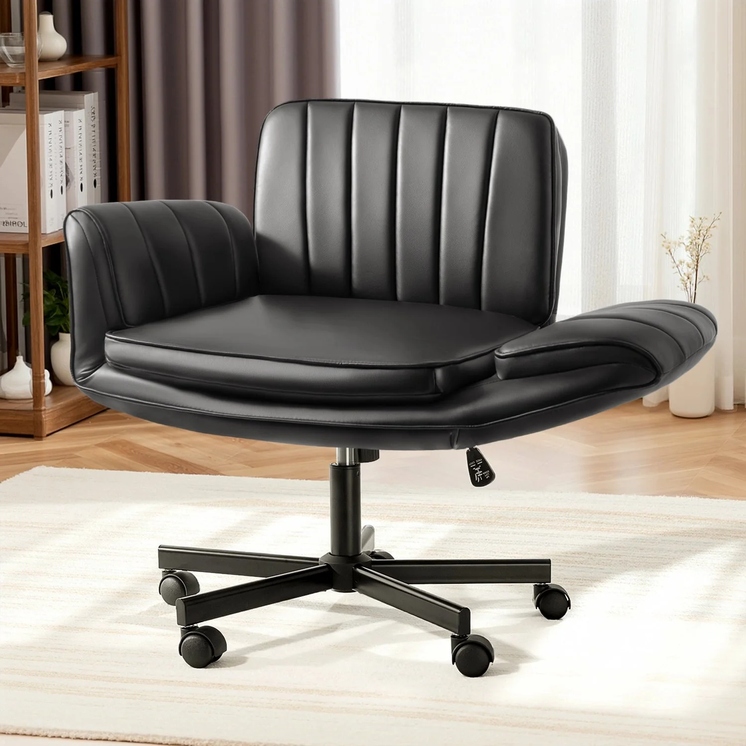 WALEAF Biege Criss Cross Chair with Armrests & Wheels,Foldable Armrest PU Leather Vanity Chair – Thickened Swivel Office Desk Chair for Home, Makeup Room & Bedroom - Image 2