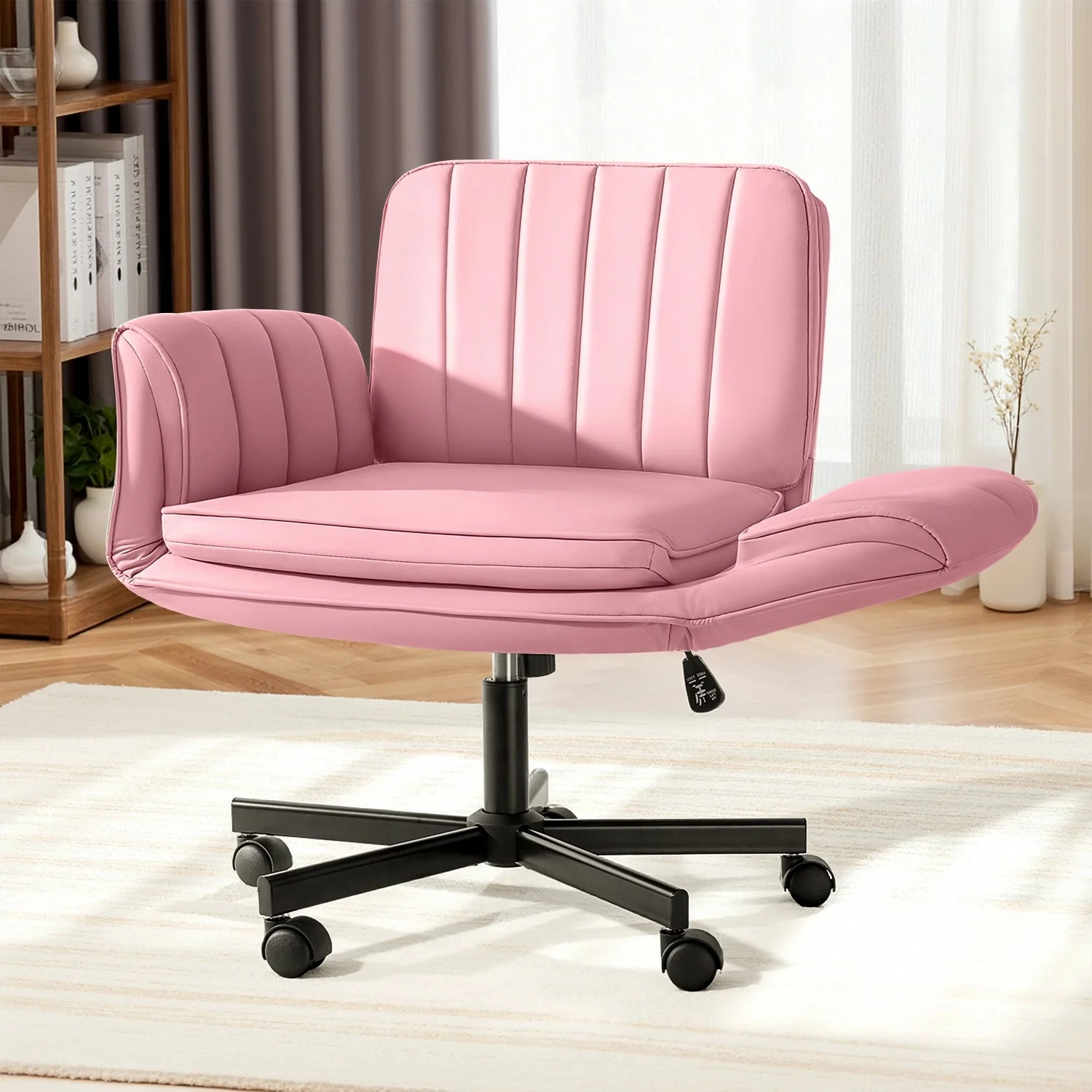 WALEAF Biege Criss Cross Chair with Armrests & Wheels,Foldable Armrest PU Leather Vanity Chair – Thickened Swivel Office Desk Chair for Home, Makeup Room & Bedroom - Image 3