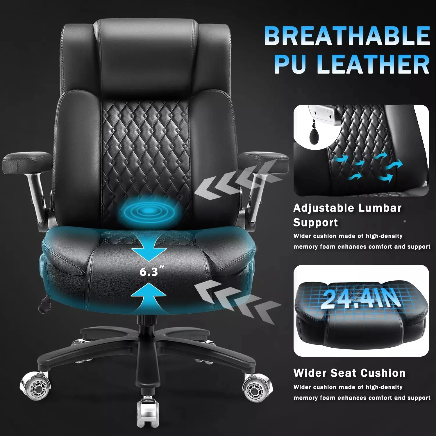 Vitesse Big and Tall Office Chair with Adjustable 5D Flip Arms＆Lumbar Support, Heavy Duty Executive Desk Chair with Pocket Spring Cushion,High Back Computer Chair 600 LBS,Dual Rubber Wheels - Image 4