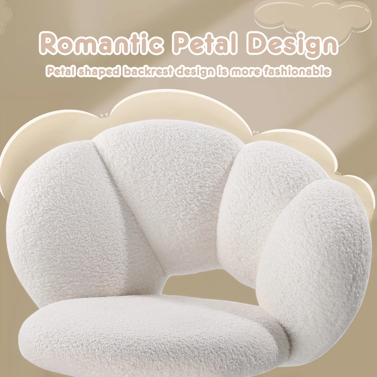 Waleaf Boucle Upholstered Desk Chair Flowers-Shaped Vanity Chair with Wheels for Living Room, Bedroom (White) - Image 2