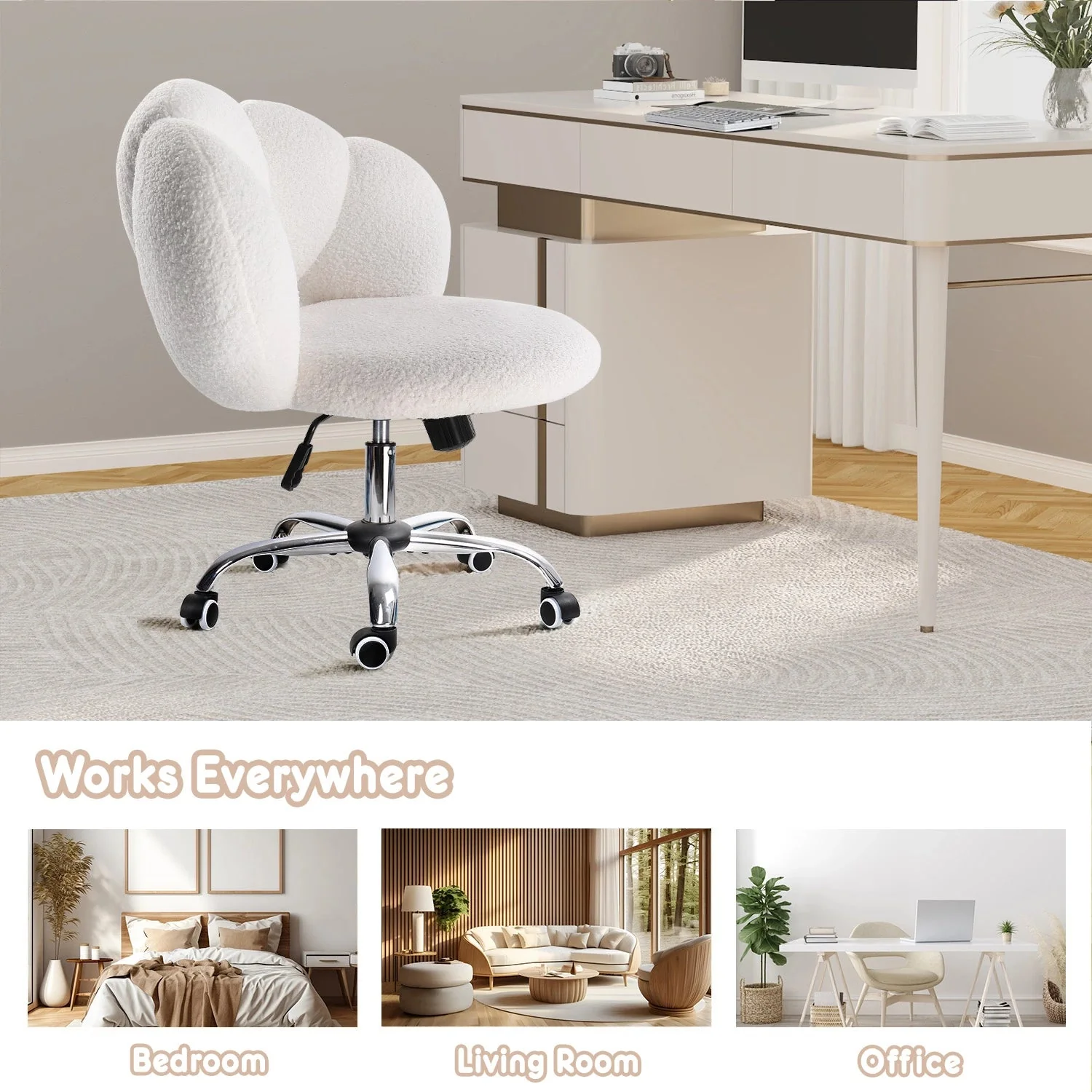 Waleaf Boucle Upholstered Desk Chair Flowers-Shaped Vanity Chair with Wheels for Living Room, Bedroom (White) - Image 3
