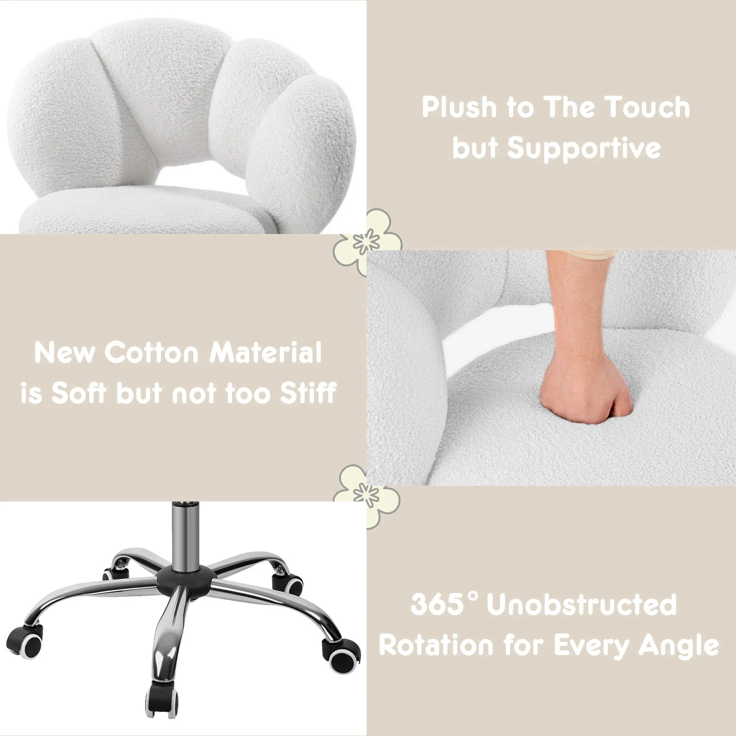 Waleaf Boucle Upholstered Desk Chair Flowers-Shaped Vanity Chair with Wheels for Living Room, Bedroom (White) - Image 4