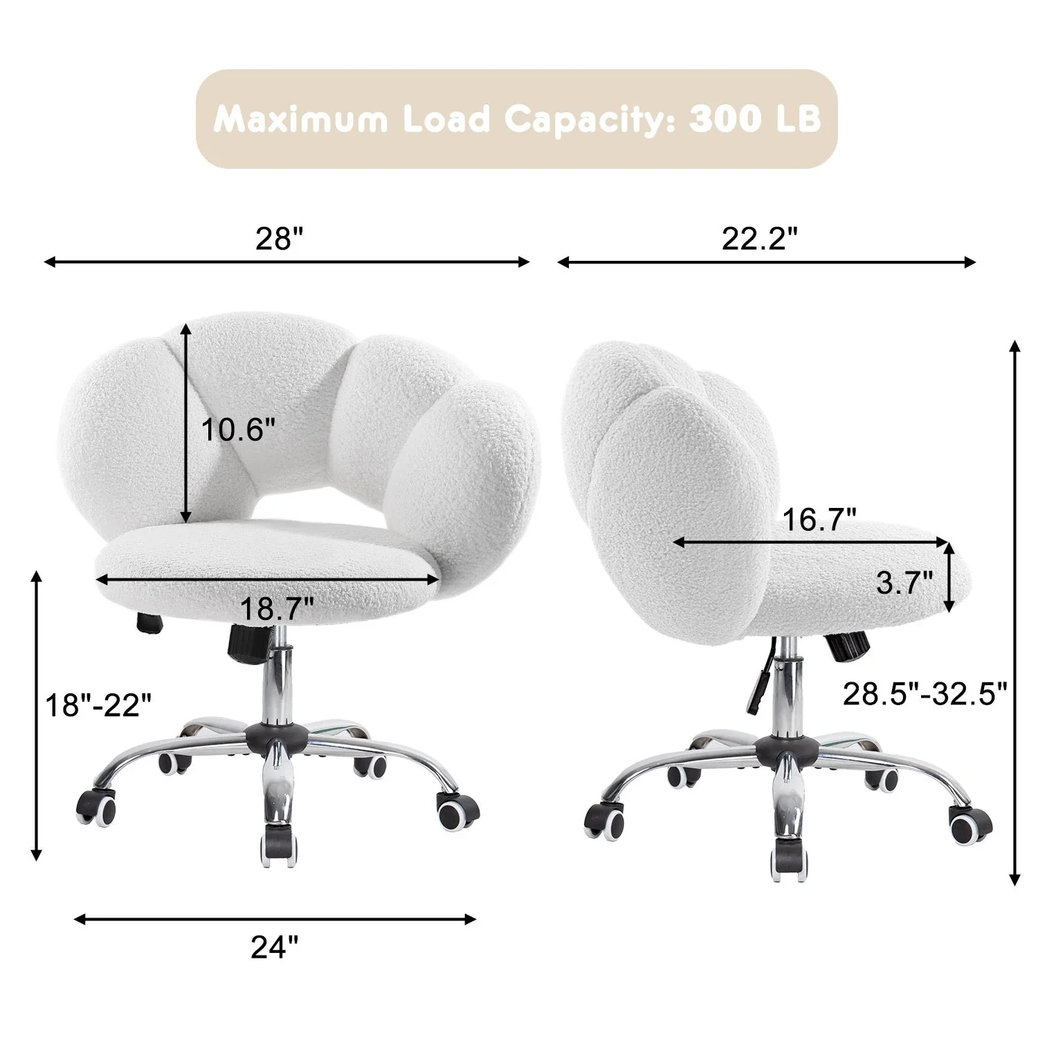 Waleaf Boucle Upholstered Desk Chair Flowers-Shaped Vanity Chair with Wheels for Living Room, Bedroom (White) - Image 5