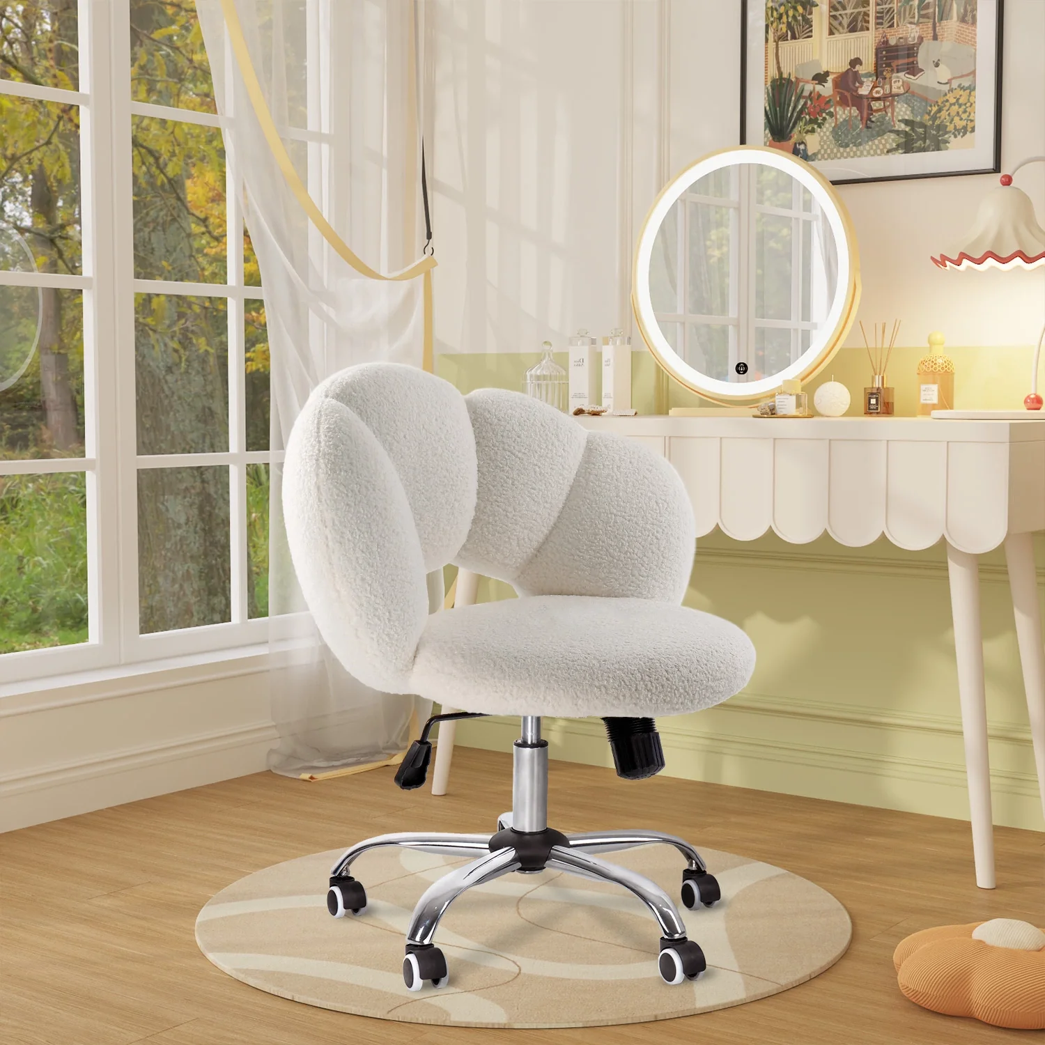 Waleaf Boucle Upholstered Desk Chair Flowers-Shaped Vanity Chair with Wheels for Living Room, Bedroom (White) - Image 7