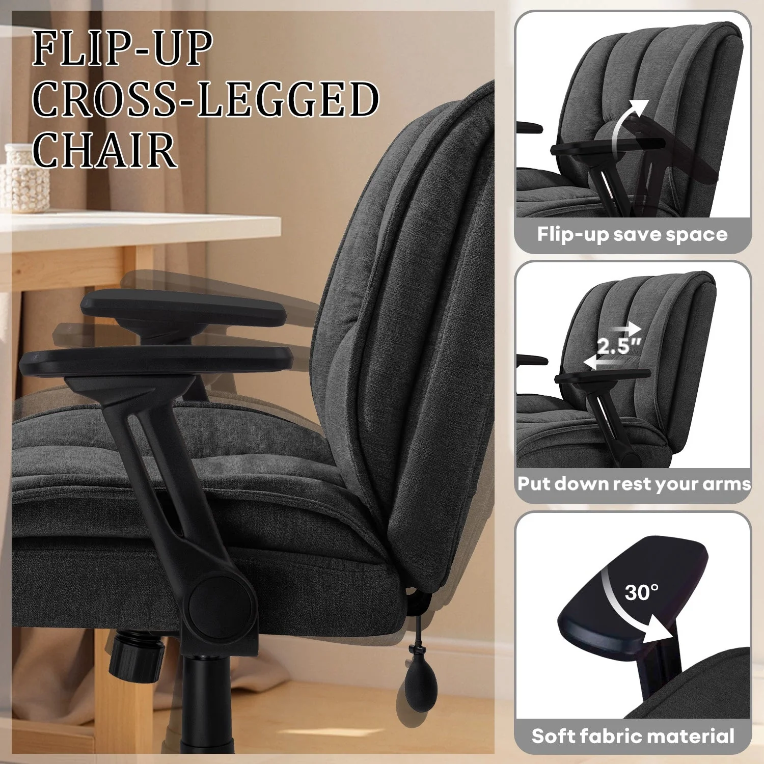 Waleaf Criss Cross Chair with Flip-Up Arms & Airbag Lumbar Support, Wide Seat Office Chair on Wheels - Image 6