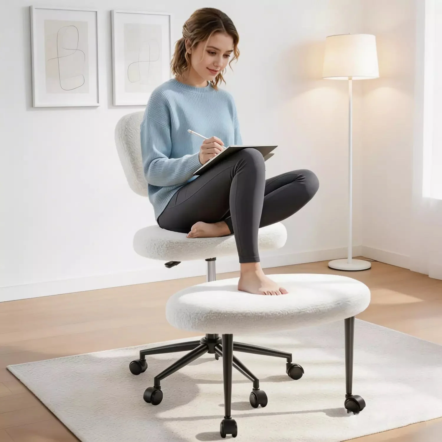 Waleaf Cross Legged Office Chair Swivel, Ergonomic ADHD Desk Chair with Wide Seat, Heavy Duty Boucle Yoga Meditation Chair for Adult WZ-CLG-OFC-WHT - Image 2