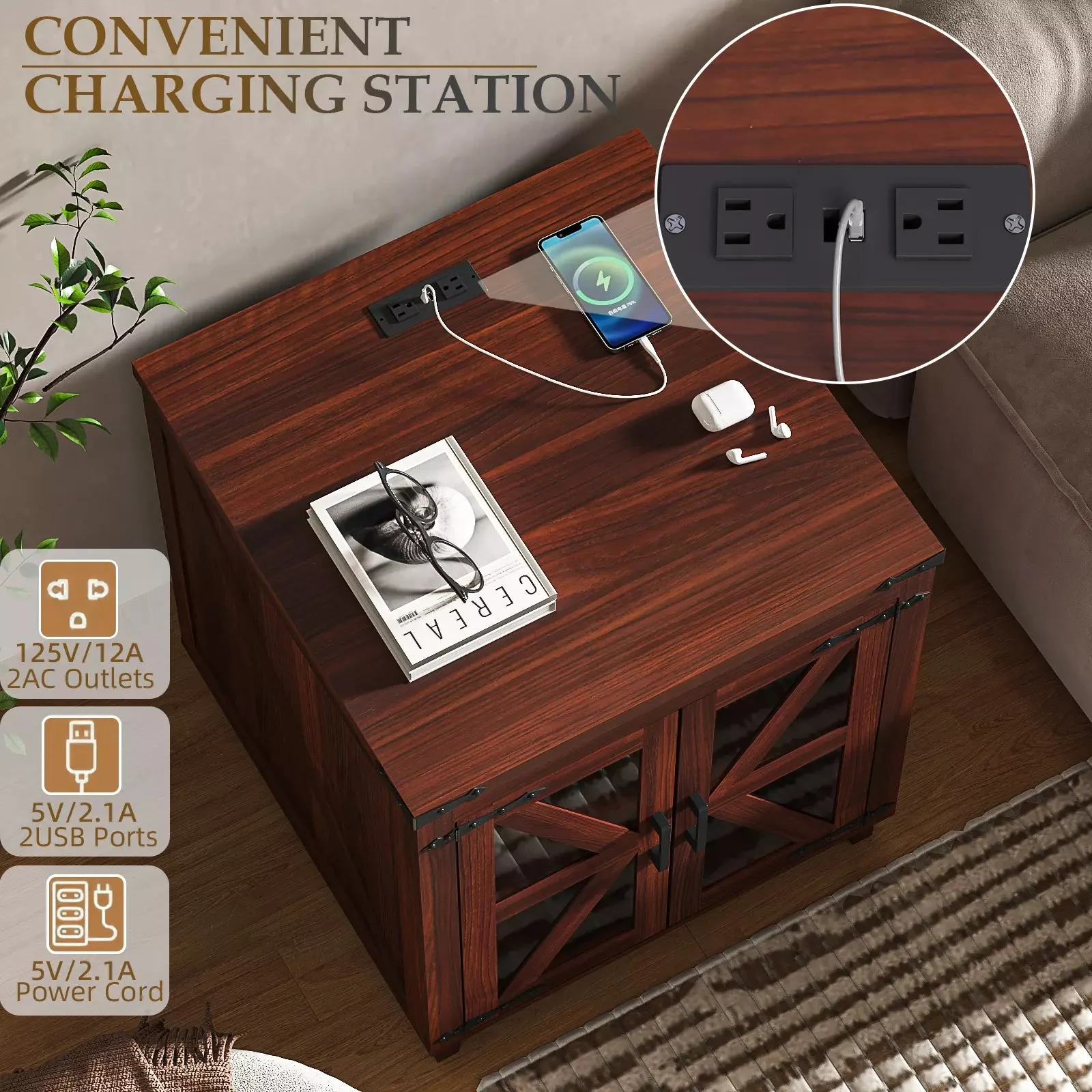 Waleaf End Table with Charging Station,Farmhouse Night Stand with Glass Barn Door,Large Sofa Side Table with Adjustable Storage Shelf for Living Room,Bedroom(1,Brown) - Image 11