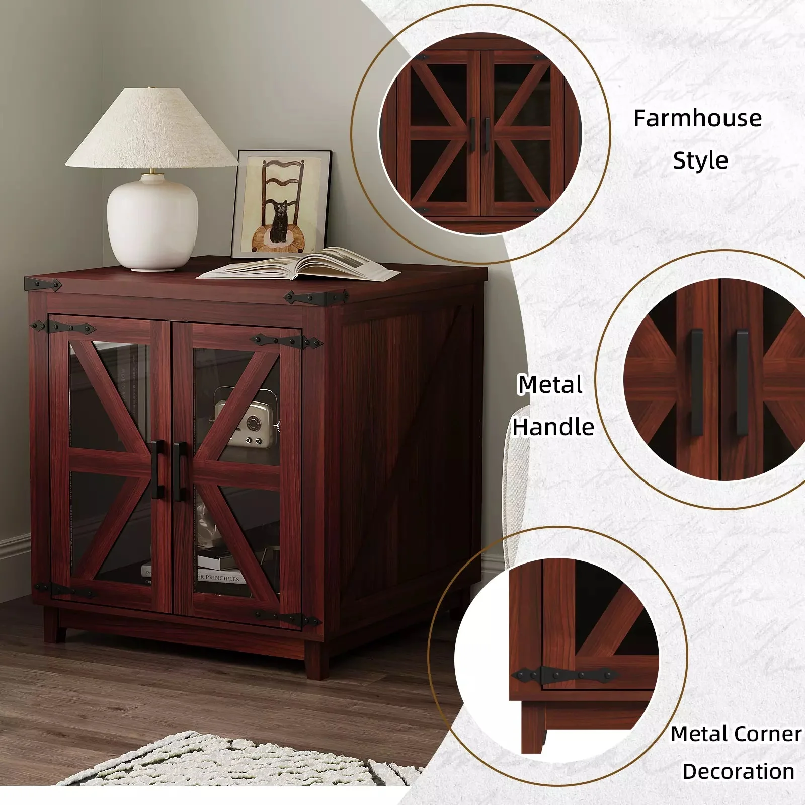 Waleaf End Table with Charging Station,Farmhouse Night Stand with Glass Barn Door,Large Sofa Side Table with Adjustable Storage Shelf for Living Room,Bedroom(1,Brown) - Image 4