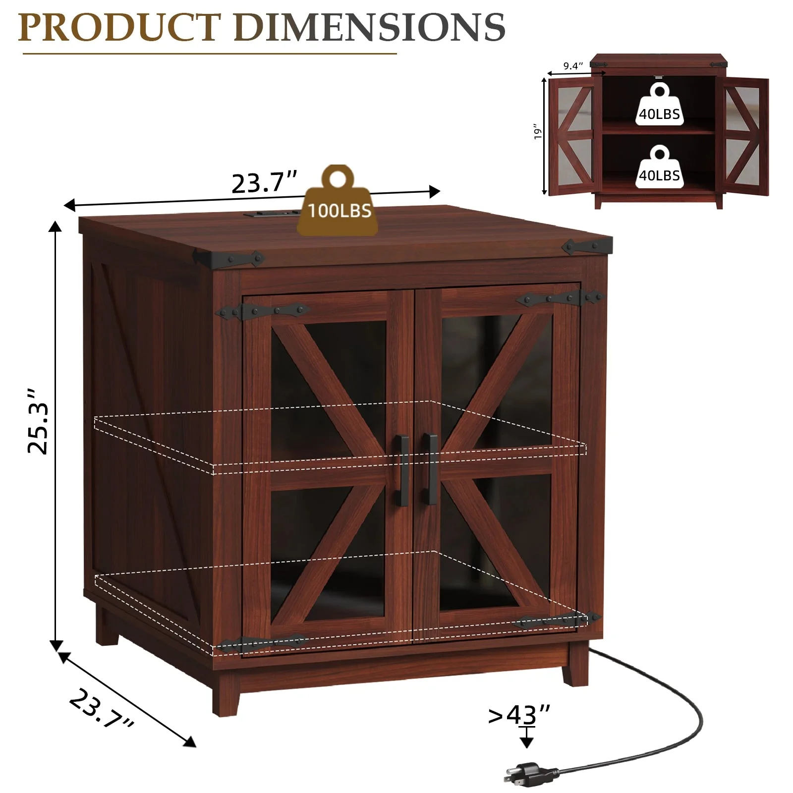 Waleaf End Table with Charging Station,Farmhouse Night Stand with Glass Barn Door,Large Sofa Side Table with Adjustable Storage Shelf for Living Room,Bedroom(1,Brown) - Image 8