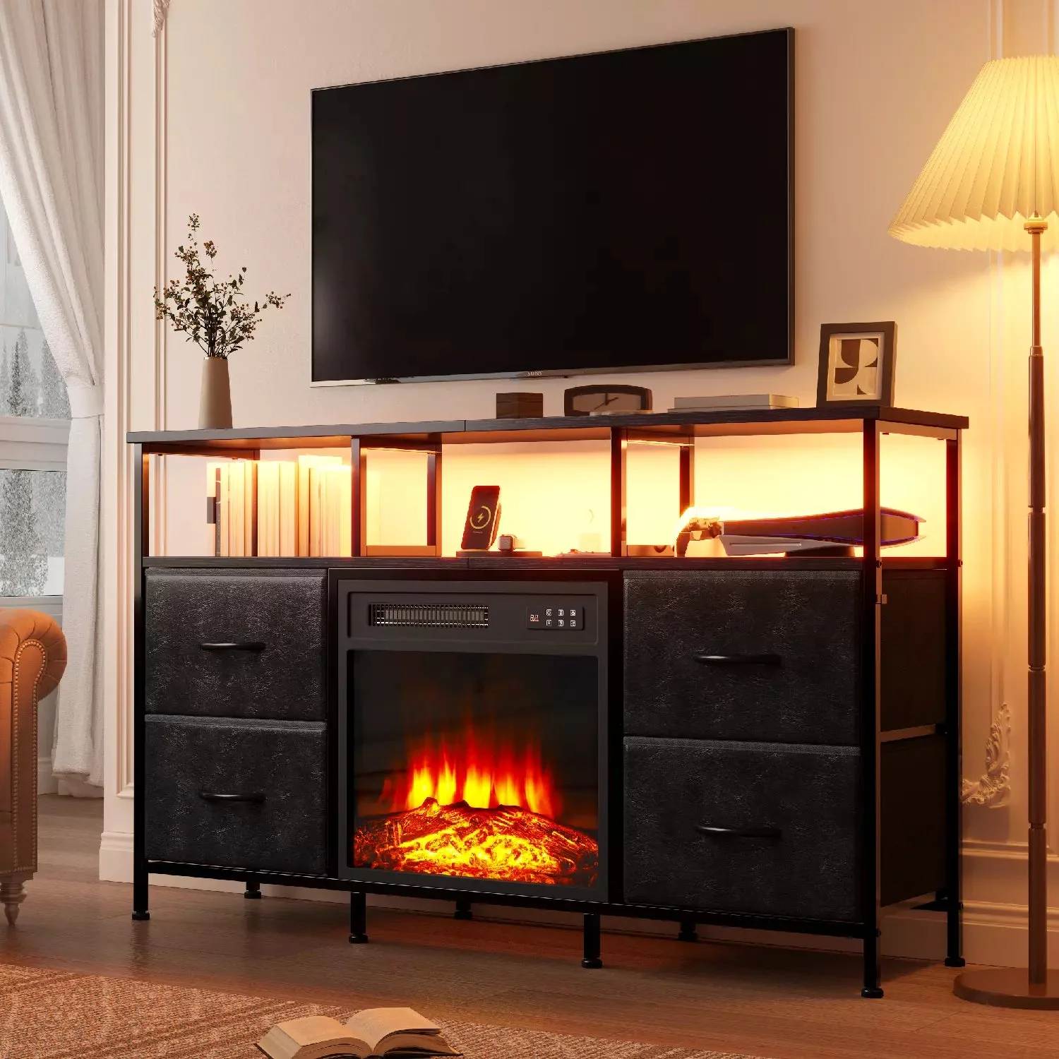 Waleaf Fireplace TV Stand with Power Outlets & LED Lights, Entertainment Center for 42, 50 Inch TV,Storage Chest for Bedroom, Living Room & Entryway with 4 PU Leather Surface Drawers and Open Shelf - Image 2