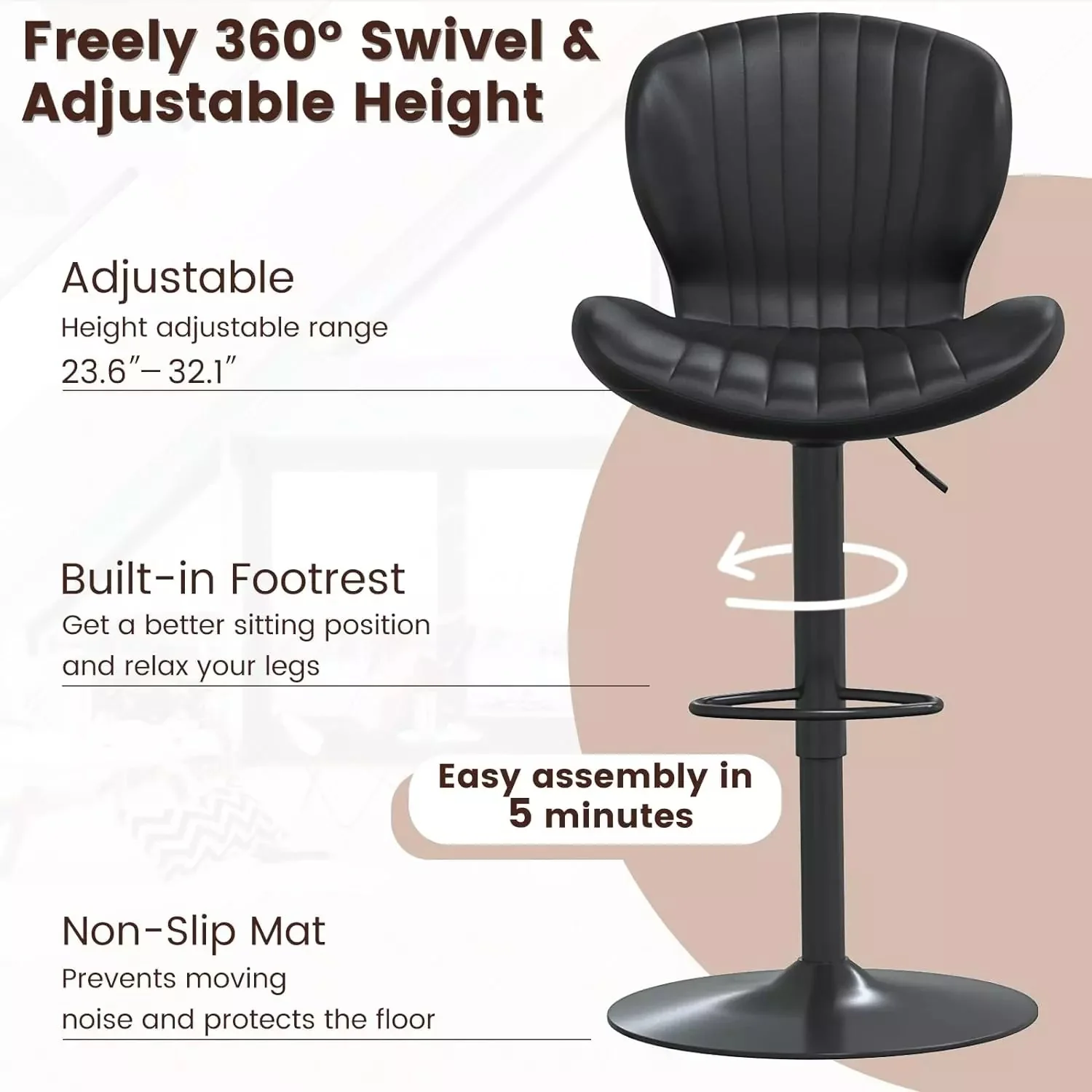 Waleaf Modern Adjustable Bar Stools,Leather Upholstered Swivel Counter Stools - Image 27