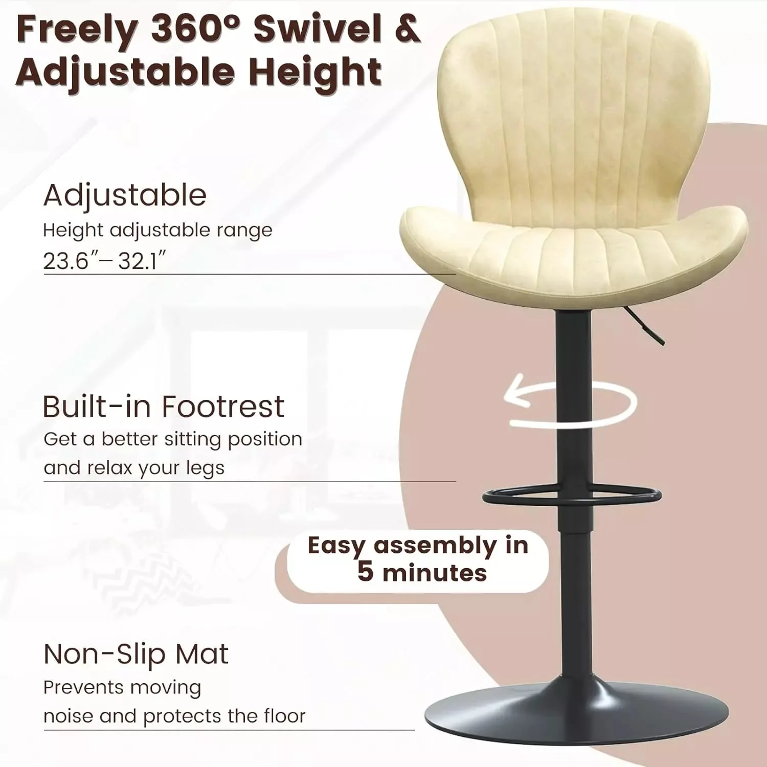 Waleaf Modern Adjustable Bar Stools,Leather Upholstered Swivel Counter Stools - Image 6