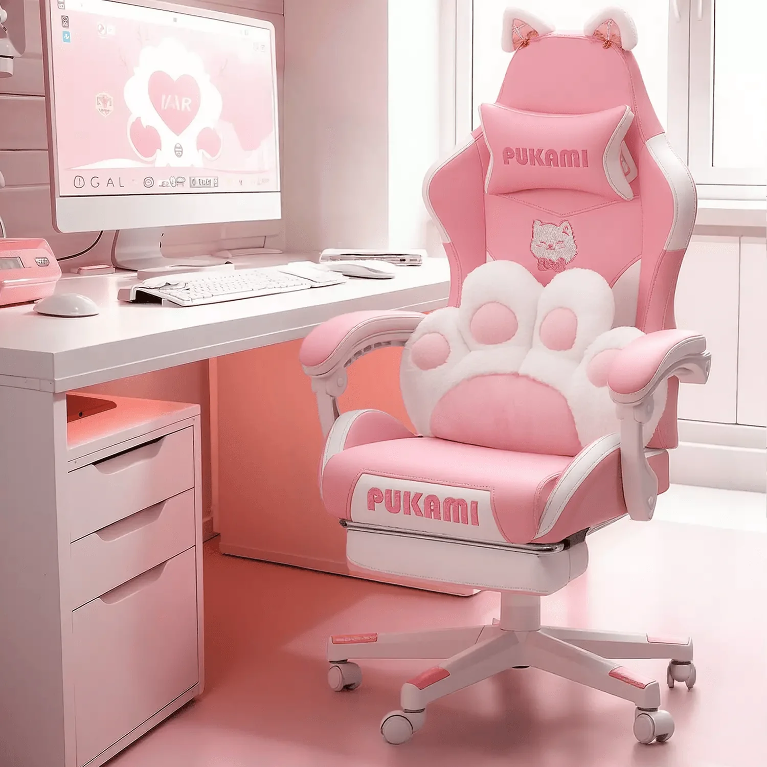 WALEAF Pink Gaming Chair,Ergonomic Computer Chair for adult with Cat Paw Lumbar Cushion and Cat Ears