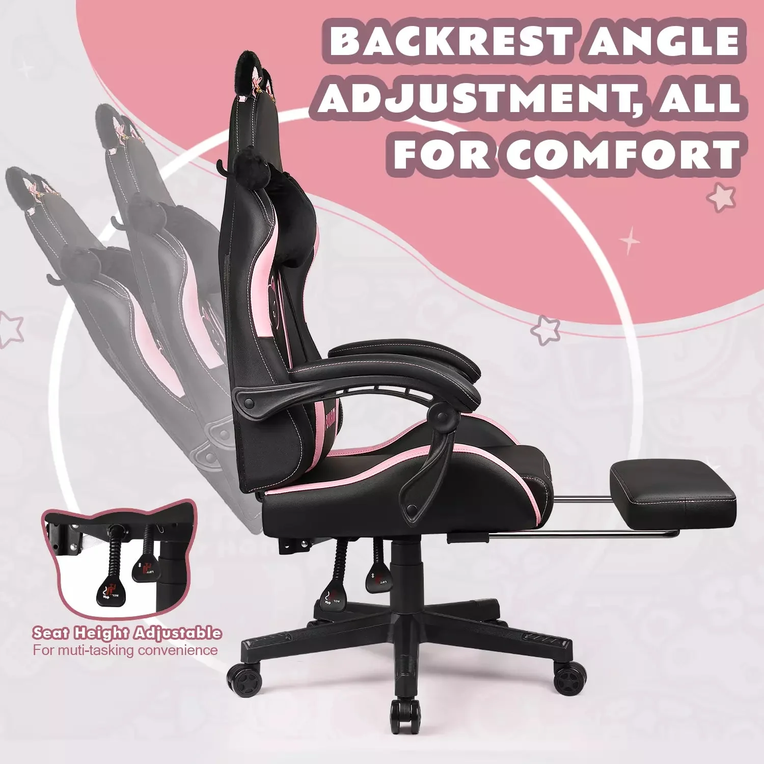 WALEAF Pink Gaming Chair,Ergonomic Computer Chair for adult with Cat Paw Lumbar Cushion and Cat Ears - Image 10