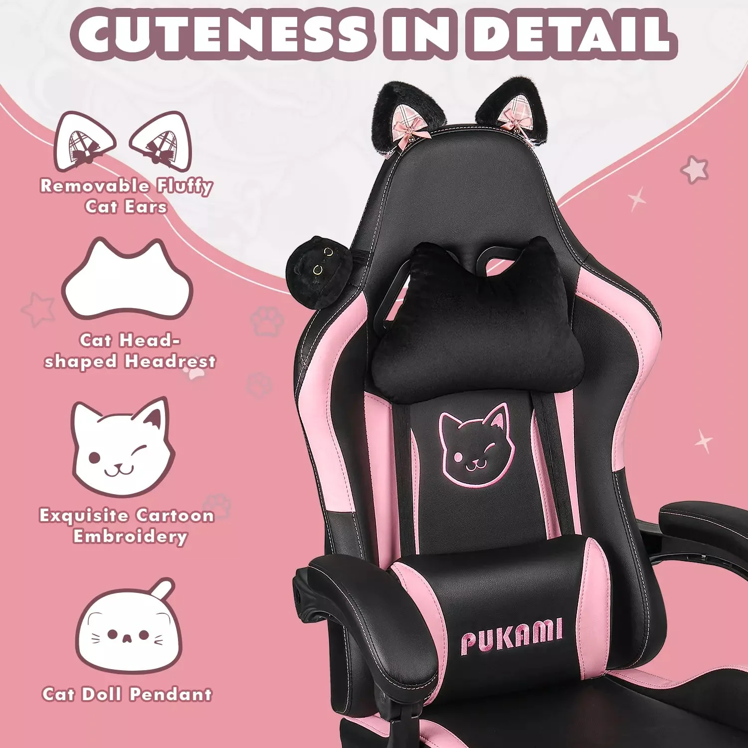 WALEAF Pink Gaming Chair,Ergonomic Computer Chair for adult with Cat Paw Lumbar Cushion and Cat Ears - Image 11