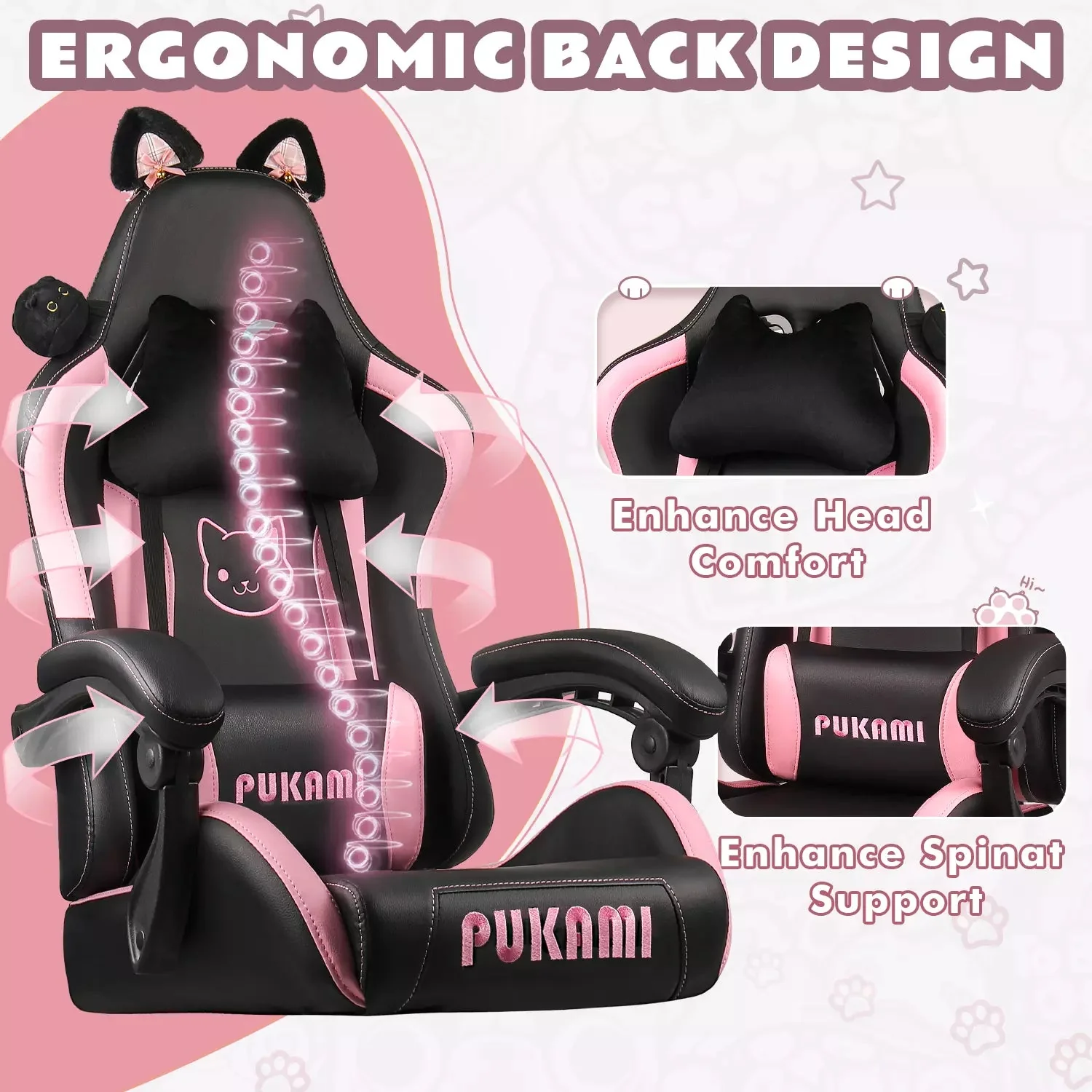 WALEAF Pink Gaming Chair,Ergonomic Computer Chair for adult with Cat Paw Lumbar Cushion and Cat Ears - Image 12