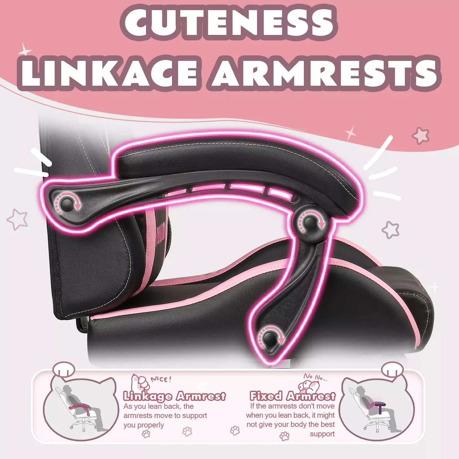 WALEAF Pink Gaming Chair,Ergonomic Computer Chair for adult with Cat Paw Lumbar Cushion and Cat Ears - Image 13