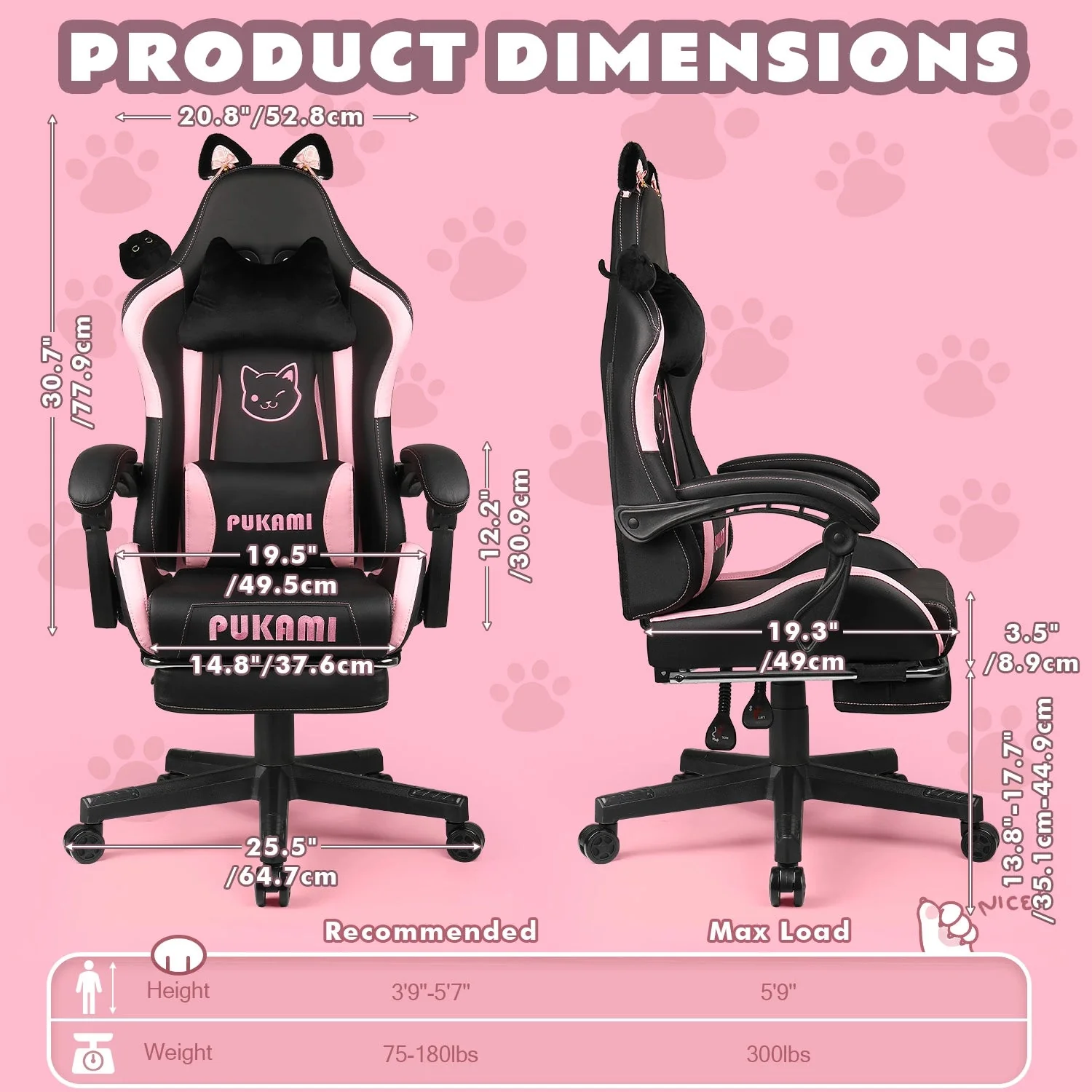 WALEAF Pink Gaming Chair,Ergonomic Computer Chair for adult with Cat Paw Lumbar Cushion and Cat Ears - Image 14