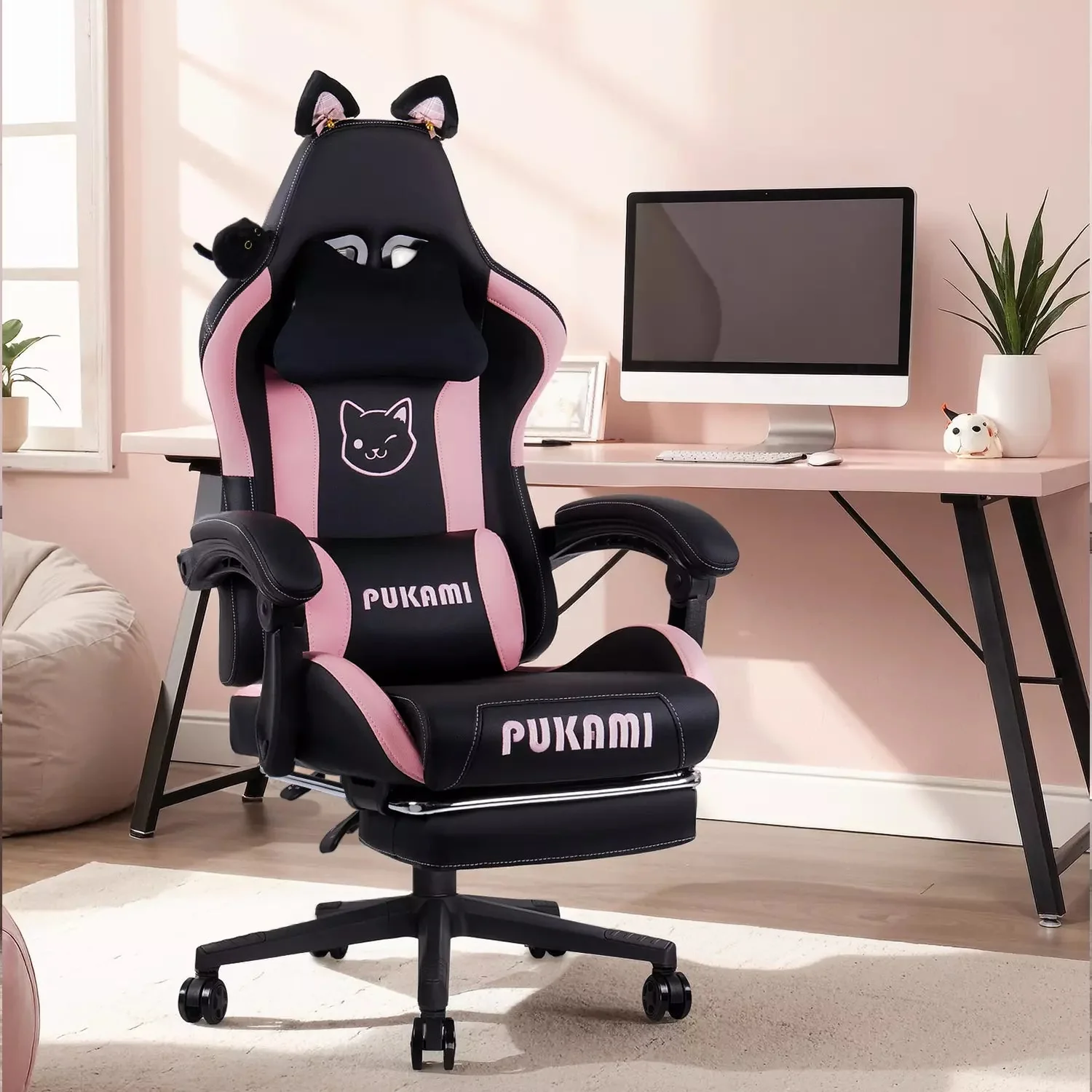 WALEAF Pink Gaming Chair,Ergonomic Computer Chair for adult with Cat Paw Lumbar Cushion and Cat Ears - Image 15