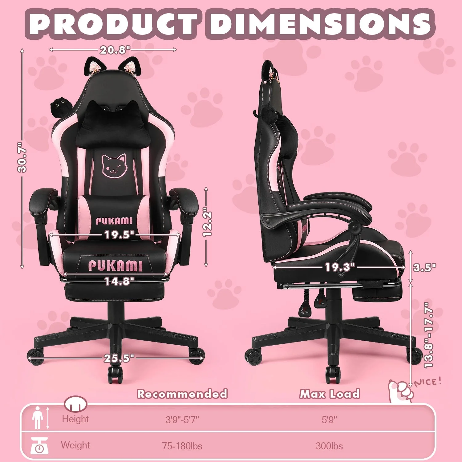 WALEAF Pink Gaming Chair,Ergonomic Computer Chair for adult with Cat Paw Lumbar Cushion and Cat Ears - Image 16