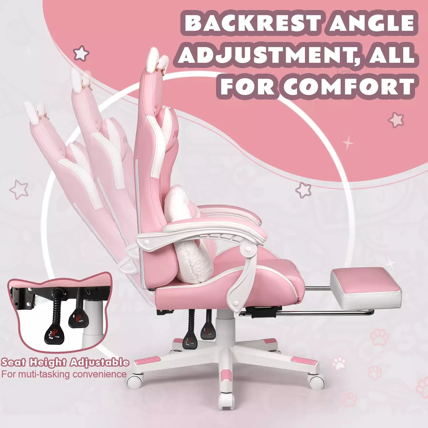 WALEAF Pink Gaming Chair,Ergonomic Computer Chair for adult with Cat Paw Lumbar Cushion and Cat Ears - Image 2