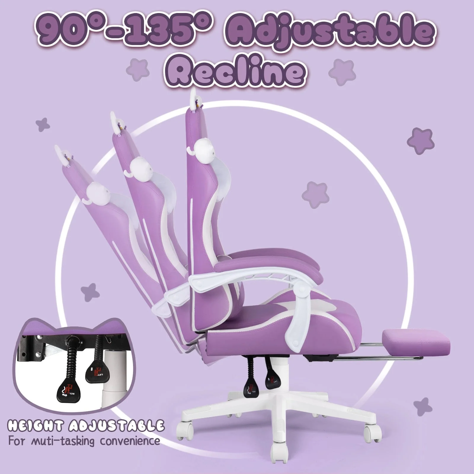 WALEAF Pink Gaming Chair,Ergonomic Computer Chair for adult with Cat Paw Lumbar Cushion and Cat Ears - Image 28