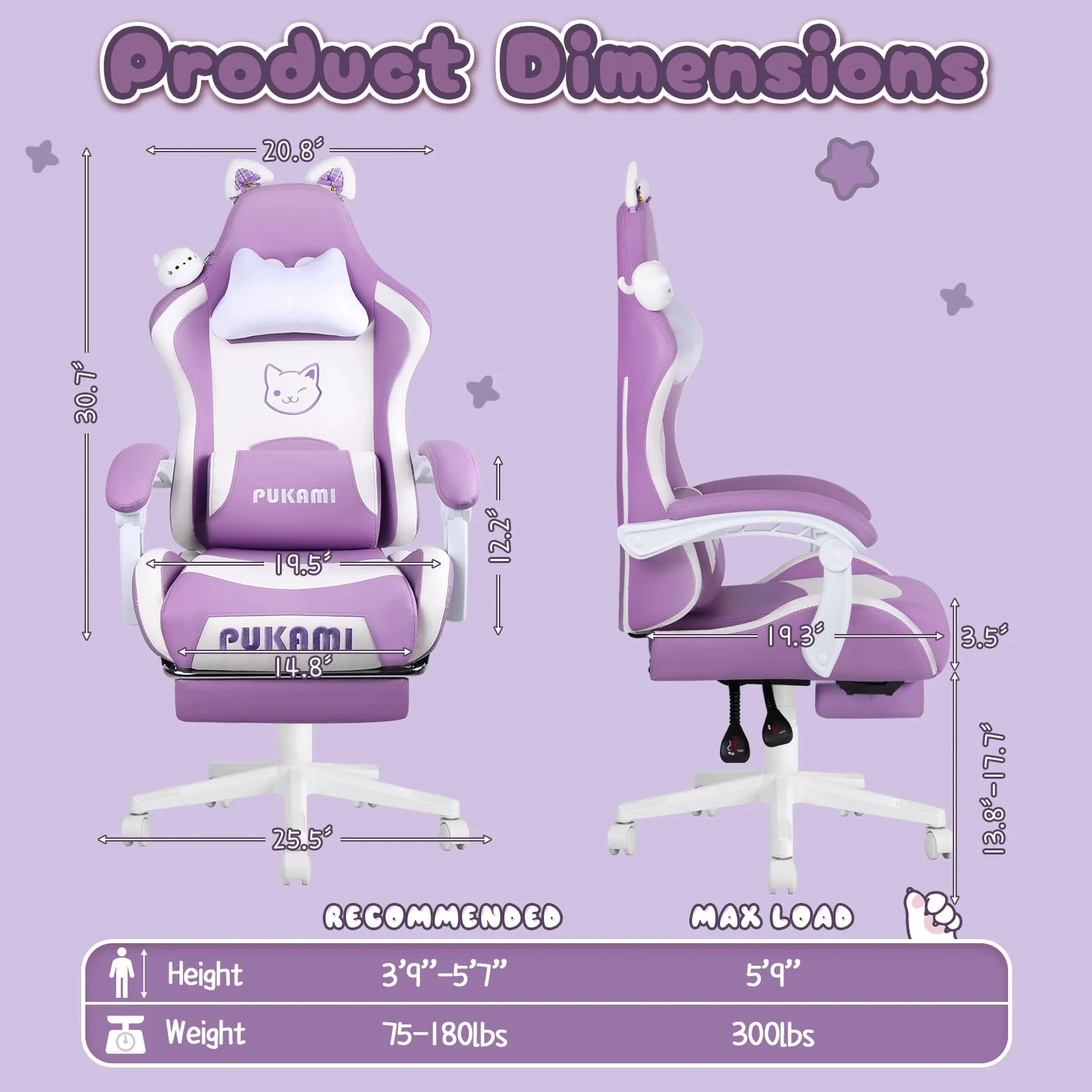 WALEAF Pink Gaming Chair,Ergonomic Computer Chair for adult with Cat Paw Lumbar Cushion and Cat Ears - Image 29