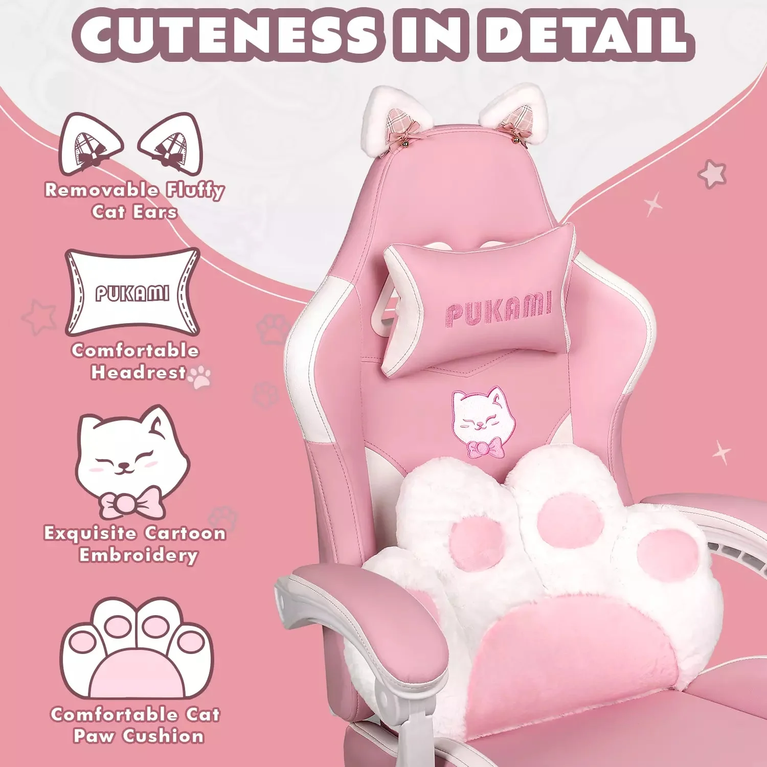 WALEAF Pink Gaming Chair,Ergonomic Computer Chair for adult with Cat Paw Lumbar Cushion and Cat Ears - Image 3