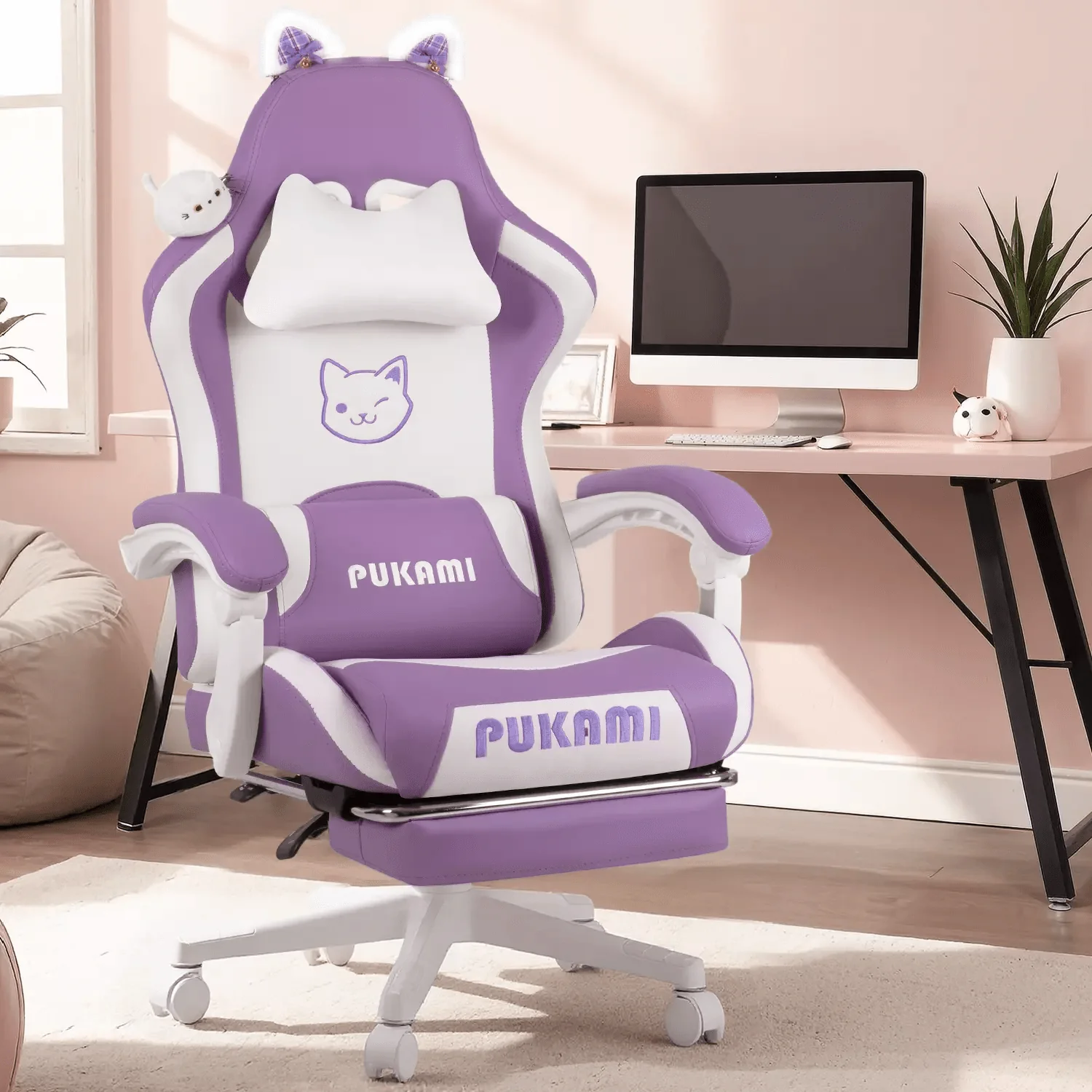 WALEAF Pink Gaming Chair,Ergonomic Computer Chair for adult with Cat Paw Lumbar Cushion and Cat Ears - Image 30