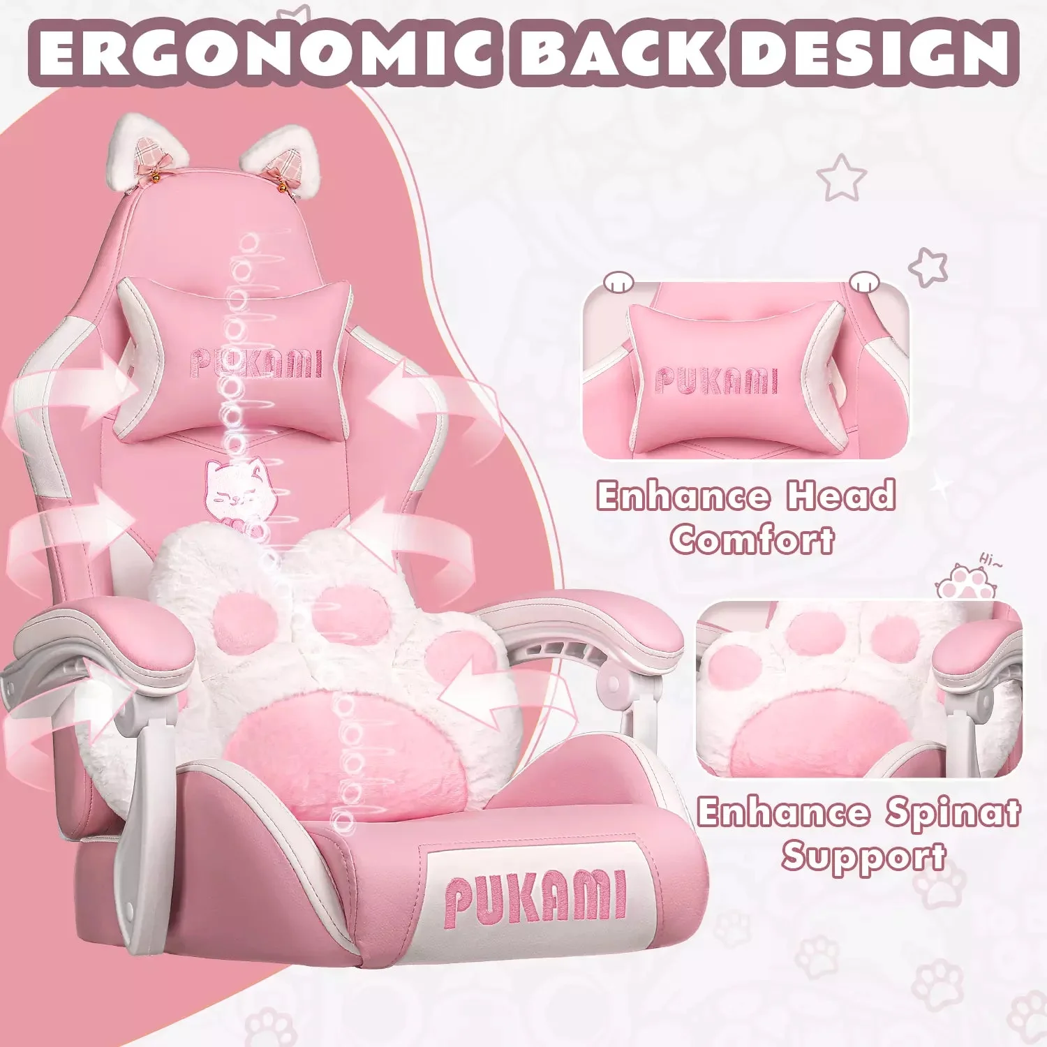 WALEAF Pink Gaming Chair,Ergonomic Computer Chair for adult with Cat Paw Lumbar Cushion and Cat Ears - Image 4